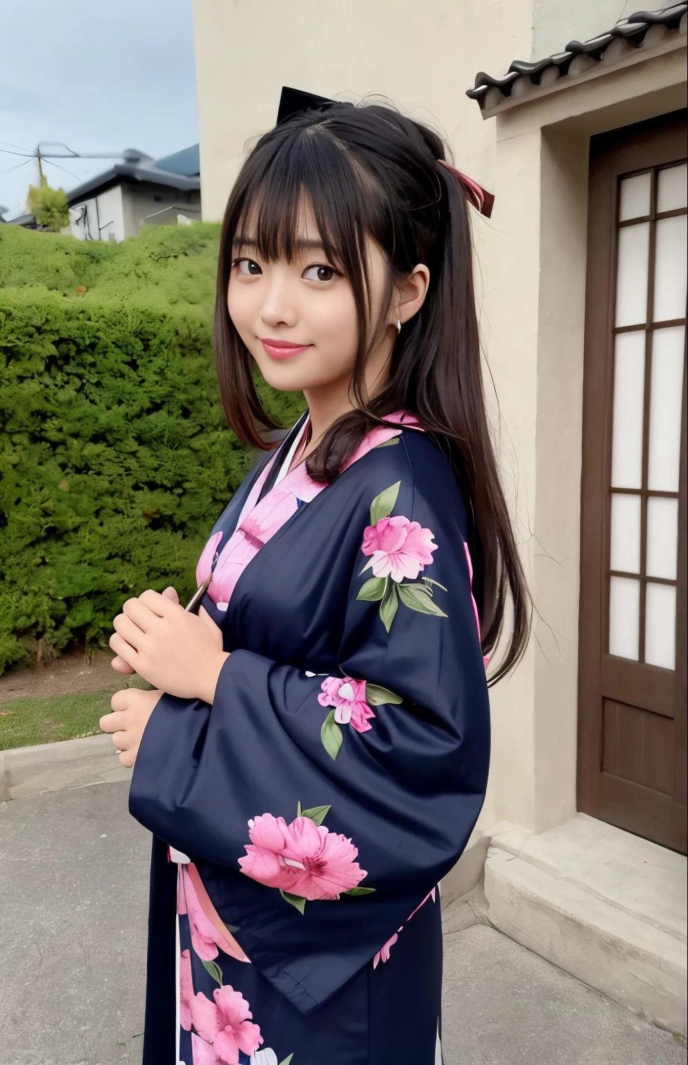 1girl solo、outside of house、cute japanese model girl、Kimono、Tiger handle、hair adornments、look at the viewer and lower your hair、Brown-eyed、bangss、​masterpiece、top-quality、realisitic、a smile