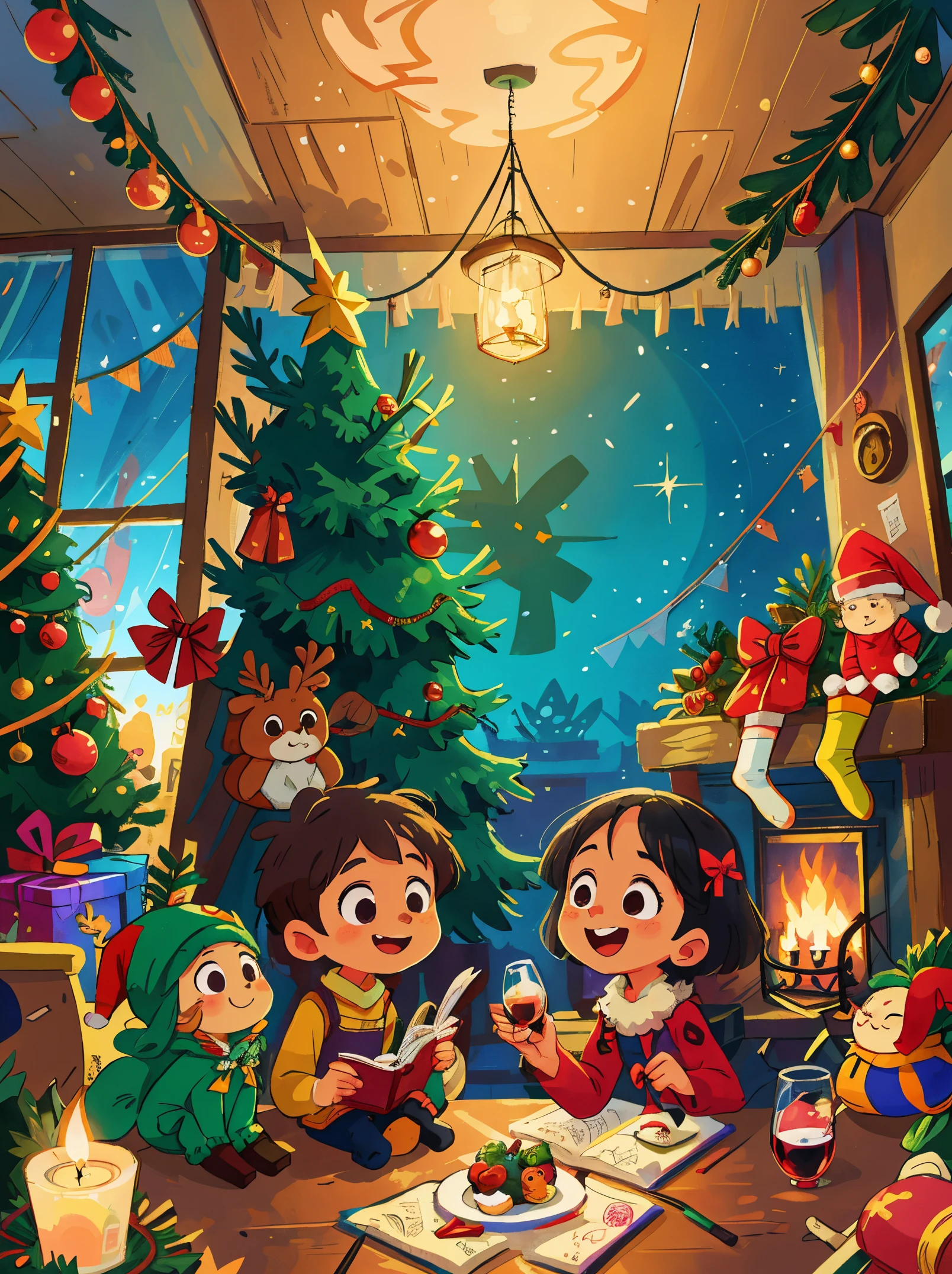 (Best quality, 8K, A high resolution, tmasterpiece:1.2), ultra - detailed, (actual, realistically:1.37), Vibrant colors, Magical atmosphere, Whimsical, ((sky full of stars，The North Star shines)),  (((A male and female couple wearing Christmas costumes cuddling together, Smiling and looking at each other))), The room is decorated with a strong Christmas atmosphere, A string of shining colored lights hangs on the wall, Christmas wreath and little snowman on the windowsill, In the corner of the room stands a beautifully decorated Christmas tree. On a table, There are beautiful cutlery and red plates. In the center of the table, Have a sumptuous Christmas feast, Next to it is a bottle of red wine and two exquisite wine glasses. There are several scented candles lit in the room, It exudes a faint fragrance. Warm fire burning in the fireplace, Brings warmth and comfort to the entire room, Surreal, Psychedelic, Complicated details, Beautiful texture, Ethereal, like a dream, Soft glowing light, Charming Patterns, Fantasy creatures, Hidden surprises, dreamlike landscapes, Surreal color palette, Mystic aura, hyper realisitc, Enchanting journey, psychedelic trip, vivid imagination, immersive experience, Mysterious Christmas, otherworldly charm, glowing paths, Light up a magical Christmas, surreal sky, Whimsical themed festivals, a magical encounter, Fascinating artwork，(Ghibli-style colors, first person perspective, hyper HD, tmasterpiece, acurate, Anatomically correct, ctextured skin, super detailing, high detal, high qulity, Award-Awarded, Best quality at best, 8K)