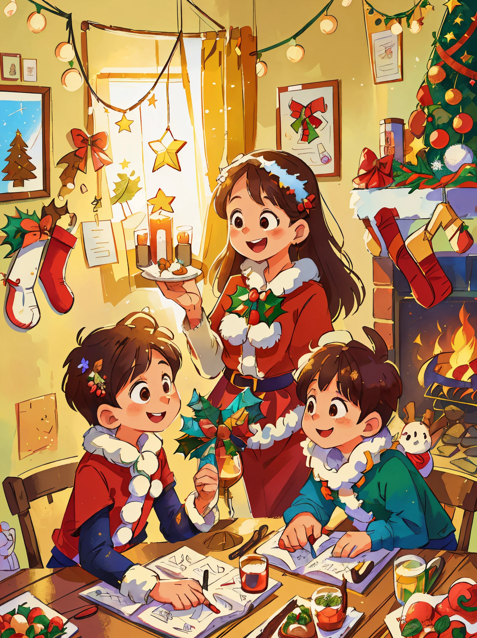 (Best quality, 8K, A high resolution, tmasterpiece:1.2), ultra - detailed, (actual, realistically:1.37), Vibrant colors, Magical atmosphere, Whimsical, ((sky full of stars，The North Star shines))，(((Use an illustration style), The room is decorated with a strong Christmas atmosphere. A string of shining colored lights hangs on the wall, Christmas wreath and little snowman on the windowsill, In the corner of the room stands a beautifully decorated Christmas tree. On a table, There are beautiful cutlery and red plates. In the center of the table, Have a sumptuous Christmas feast, Next to it is a bottle of red wine and two exquisite wine glasses. ((A boy wearing a cute Santa hat, A girl wearing a cute Santa Claus costume, They snuggle together)), Smiling and looking at each other，Eyes full of happiness and warmth. There are several scented candles lit in the room, It exudes a faint fragrance. Warm fire burning in the fireplace, Brings warmth and comfort to the entire room, Surreal, Psychedelic, Complicated details, Beautiful texture, Ethereal, like a dream, Soft glowing light, Charming Patterns, Fantasy creatures, Hidden surprises, dreamlike landscapes, Surreal color palette, Mystic aura, hyper realisitc, Enchanting journey, psychedelic trip, vivid imagination, immersive experience, Mysterious Christmas, otherworldly charm, glowing paths, Light up a magical Christmas, surreal sky, Whimsical themed festivals, a magical encounter, Fascinating artwork，(Ghibli-style colors, first person perspective, hyper HD, tmasterpiece, acurate, Anatomically correct, ctextured skin, super detailing, high detal, high qulity, Award-Awarded, Best quality at best, 8K)