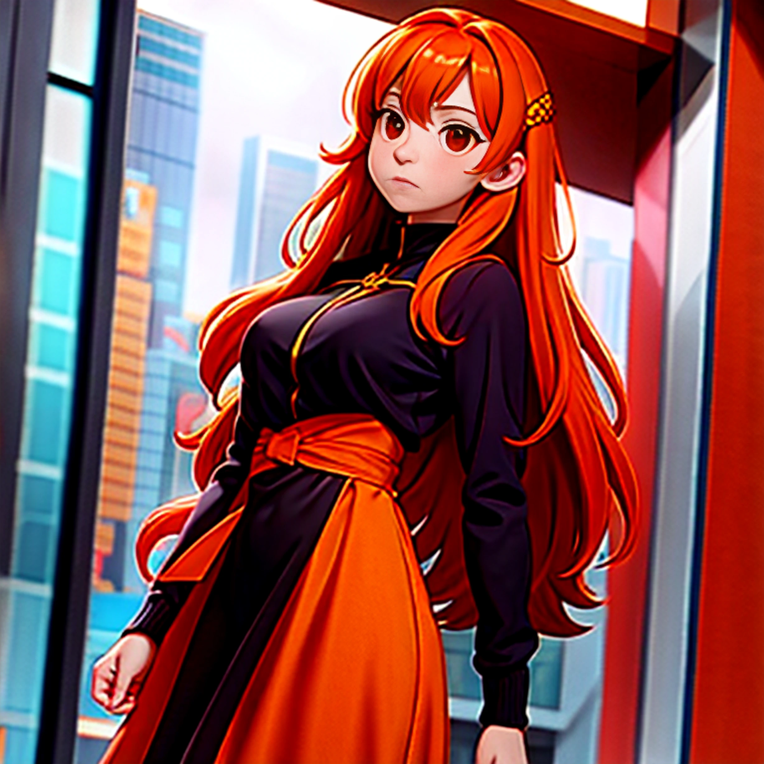 1girl, orange hair, red eyes, dress, (solo:1.3),