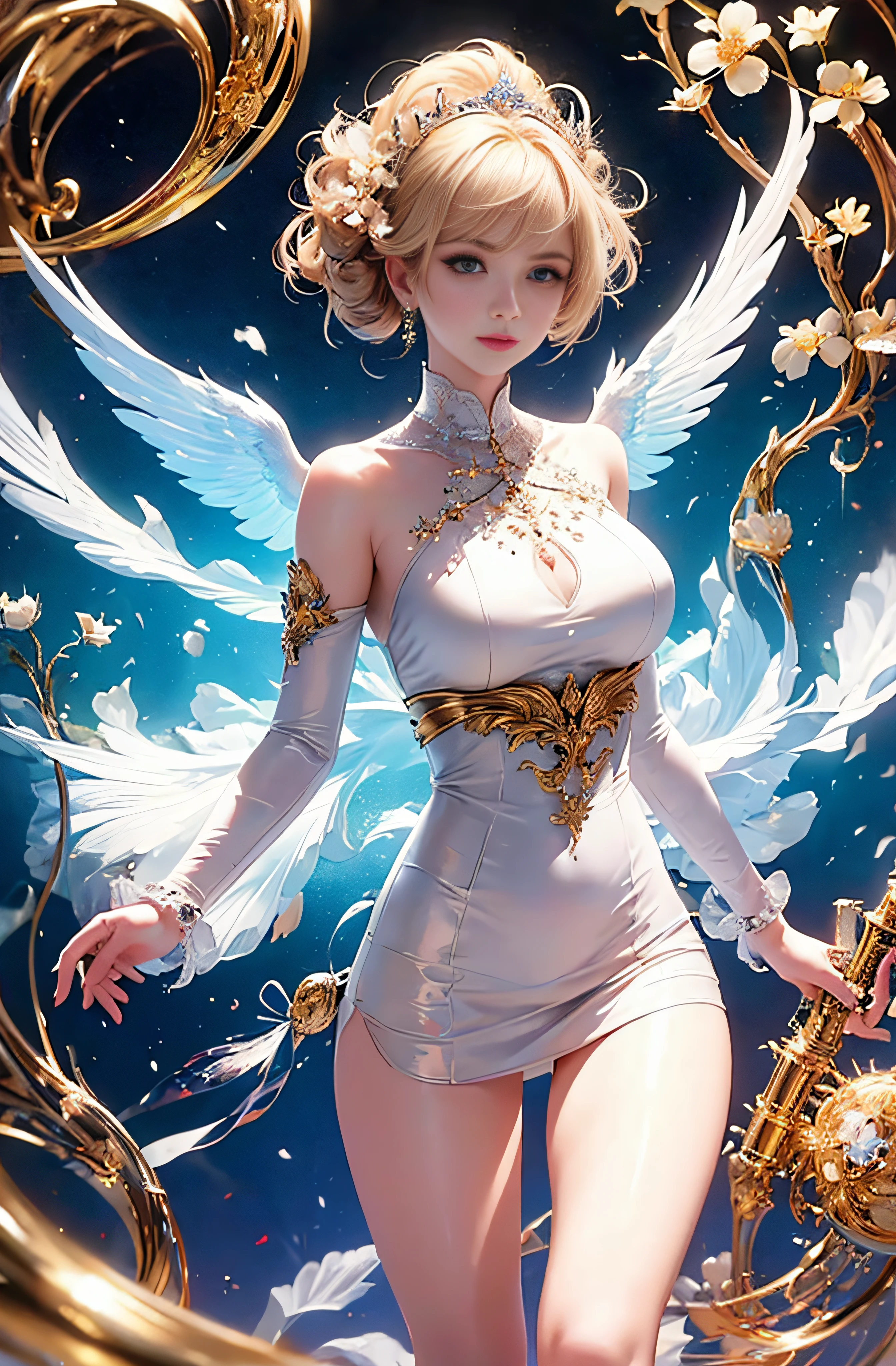 Greek warships、8K、realphoto、超A high resolution, Master Parts, Best Quality, nffsw , cinematic images,Lovely girl、ann、16 only、Anglo-Saxon、二重まぶた、drooing eyes、Very big eyes、eye shadow、 ighly detailed , a blond、Straight short hair、 Sweet look 、ssmile、Charming gaze、A little embarrassing、thin lipss ,Beautifully elongated nose、the tip of the nose is small、a very beautiful woman、long supple legs、 Very clear shadows , jewely , A sexy , A detailed eye, very intricate, shiny skins , Perfect Brilliant, Perfect Lighting, Dramatic shadows ,White tiara on head、white dress with gold embroidery、white angel wings from behind the back、White bouquet in both hands、Glass High Heels