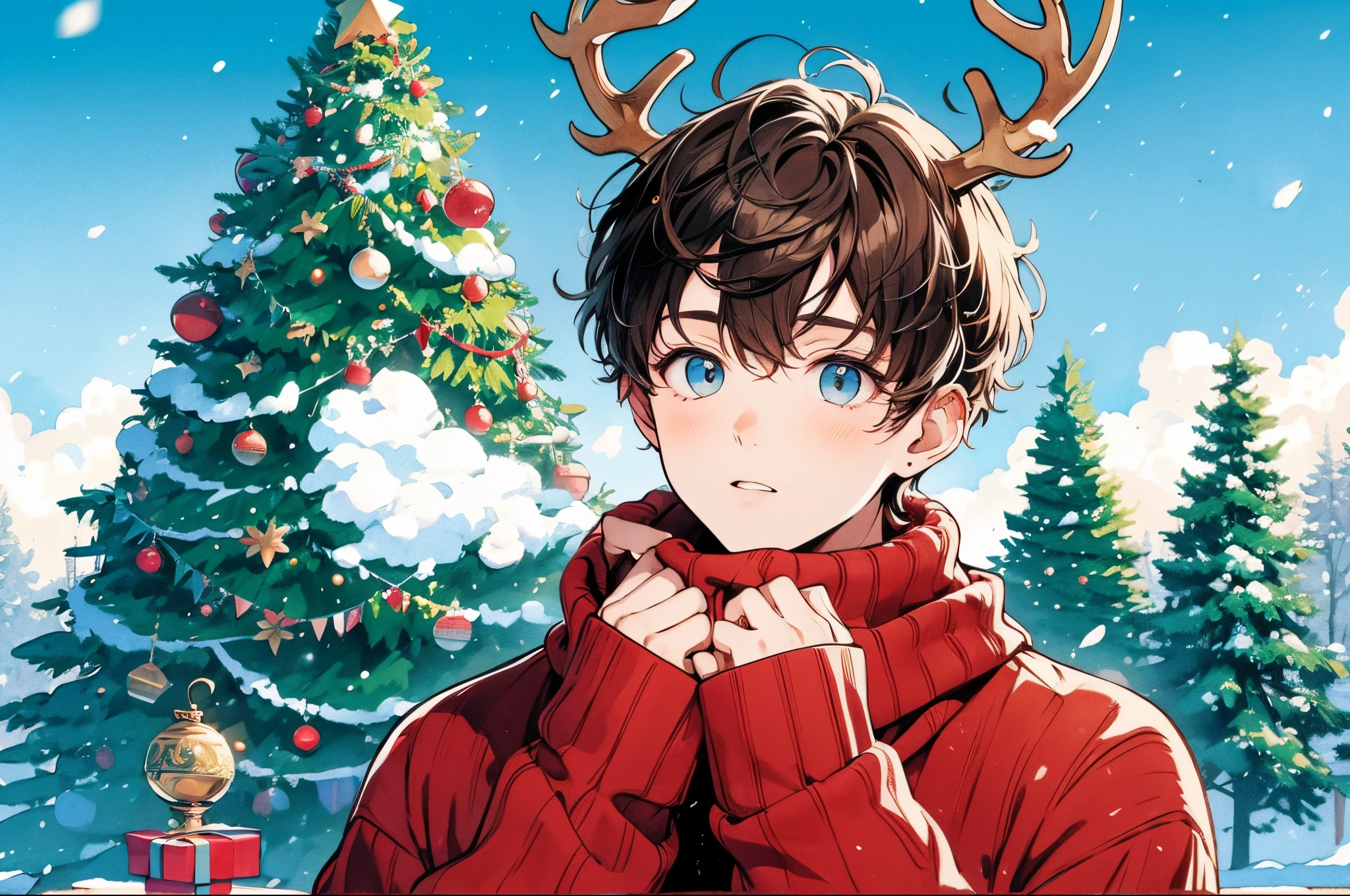 Beautiful young man, brown hair, curly hair, short hair, reindeer horns, red sweater, large Christmas tree and blue sky in the background, white breath, winter, warming his hands with his breath, both hands in front of his face, mouth half open, Kyon's face, cheeks red from the cold,Clear line drawing, transparent watercolor, Japanese anime, clear shading, deformed,beautiful arrangement of motifs,