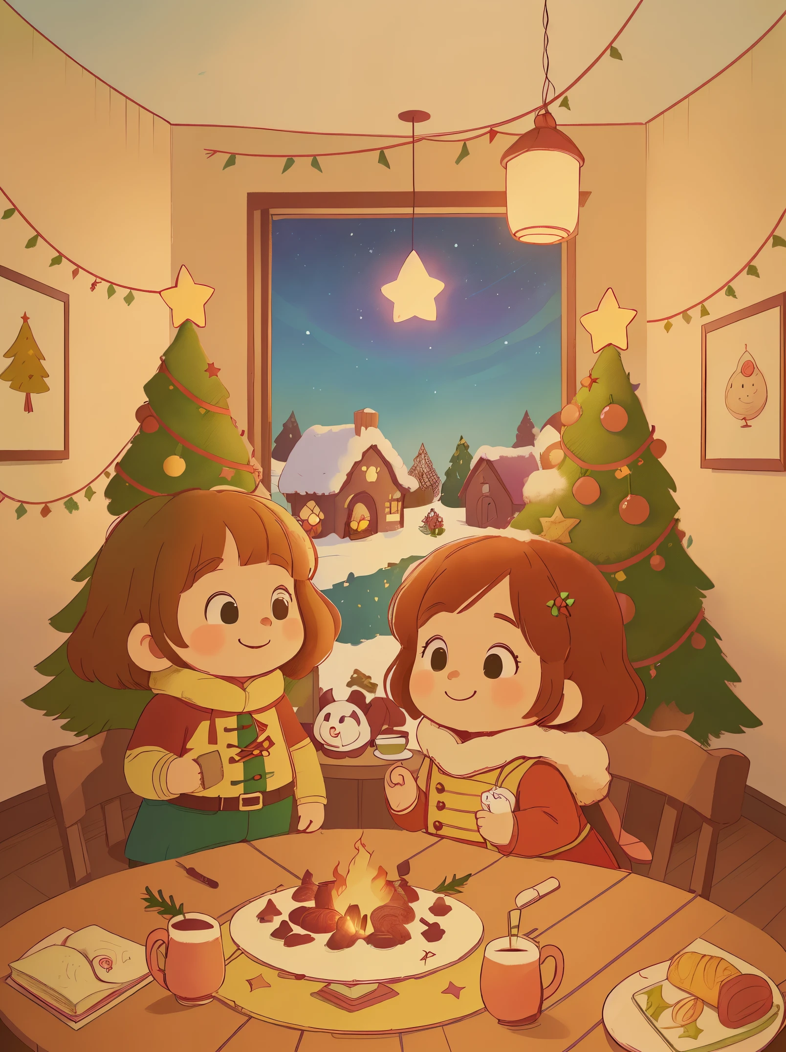 (Best quality, 8K, A high resolution, tmasterpiece:1.2), ultra - detailed, (actual, realistically:1.37), Vibrant colors, Magical atmosphere, Whimsical, ((sky full of stars，The North Star shines))，(((Use an illustration style), The room is decorated with a strong Christmas atmosphere. A string of shining colored lights hangs on the wall, Christmas wreath and little snowman on the windowsill, In the corner of the room stands a beautifully decorated Christmas tree. On a table, There are beautiful cutlery and red plates. In the center of the table, Have a sumptuous Christmas feast, Next to it is a bottle of red wine and two exquisite wine glasses. (((A male and female couple wearing Christmas costumes cuddling together))), Smiling and looking at each other，Eyes full of happiness and warmth. There are several scented candles lit in the room, It exudes a faint fragrance. Warm fire burning in the fireplace, Brings warmth and comfort to the entire room, Surreal, Psychedelic, Complicated details, Beautiful texture, Ethereal, like a dream, Soft glowing light, Charming Patterns, Fantasy creatures, Hidden surprises, dreamlike landscapes, Surreal color palette, Mystic aura, hyper realisitc, Enchanting journey, psychedelic trip, vivid imagination, immersive experience, Mysterious Christmas, otherworldly charm, glowing paths, Light up a magical Christmas, surreal sky, Whimsical themed festivals, a magical encounter, Fascinating artwork，(Ghibli-style colors, first person perspective, hyper HD, tmasterpiece, acurate, Anatomically correct, ctextured skin, super detailing, high detal, high qulity, Award-Awarded, Best quality at best, 8K)