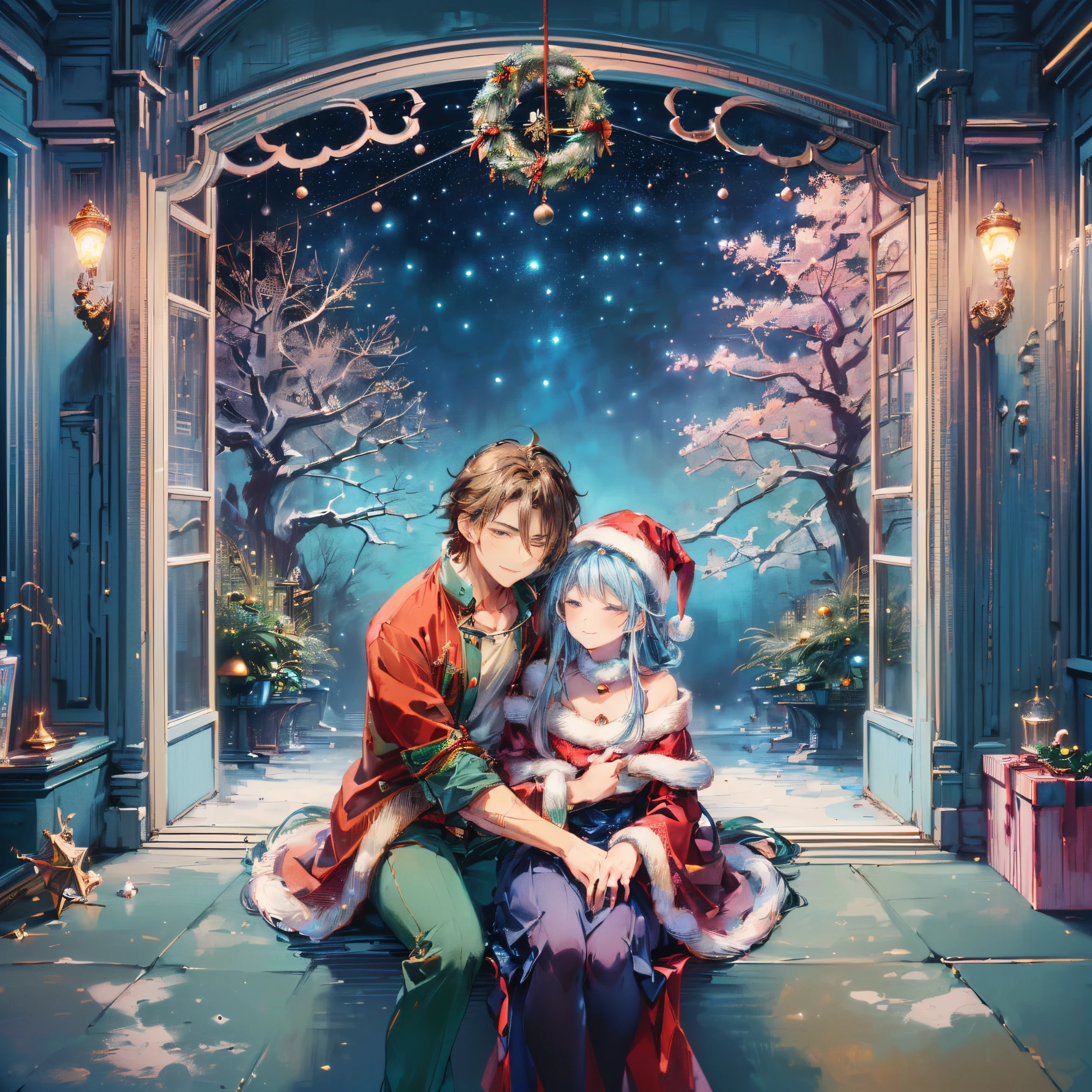 (Best quality, 8K, A high resolution, tmasterpiece:1.2), ultra - detailed, (actual, realistically:1.37), Vibrant colors, Magical atmosphere, Whimsical, ((sky full of stars，The North Star shines))，(((Use an illustration style), The room is decorated with a strong Christmas atmosphere. A string of shining colored lights hangs on the wall, Christmas wreath and little snowman on the windowsill, In the corner of the room stands a beautifully decorated Christmas tree. On a table, There are beautiful cutlery and red plates. In the center of the table, Have a sumptuous Christmas feast, Next to it is a bottle of red wine and two exquisite wine glasses. (((A male and female couple wearing Christmas costumes cuddling together))), Smiling and looking at each other，Eyes full of happiness and warmth. There are several scented candles lit in the room, It exudes a faint fragrance. Warm fire burning in the fireplace, Brings warmth and comfort to the entire room, Surreal, Psychedelic, Complicated details, Beautiful texture, Ethereal, like a dream, Soft glowing light, Charming Patterns, Fantasy creatures, Hidden surprises, dreamlike landscapes, Surreal color palette, Mystic aura, hyper realisitc, Enchanting journey, psychedelic trip, vivid imagination, immersive experience, Mysterious Christmas, otherworldly charm, glowing paths, Light up a magical Christmas, surreal sky, Whimsical themed festivals, a magical encounter, Fascinating artwork，(Ghibli-style colors, first person perspective, hyper HD, tmasterpiece, acurate, Anatomically correct, ctextured skin, super detailing, high detal, high qulity, Award-Awarded, Best quality at best, 8K)