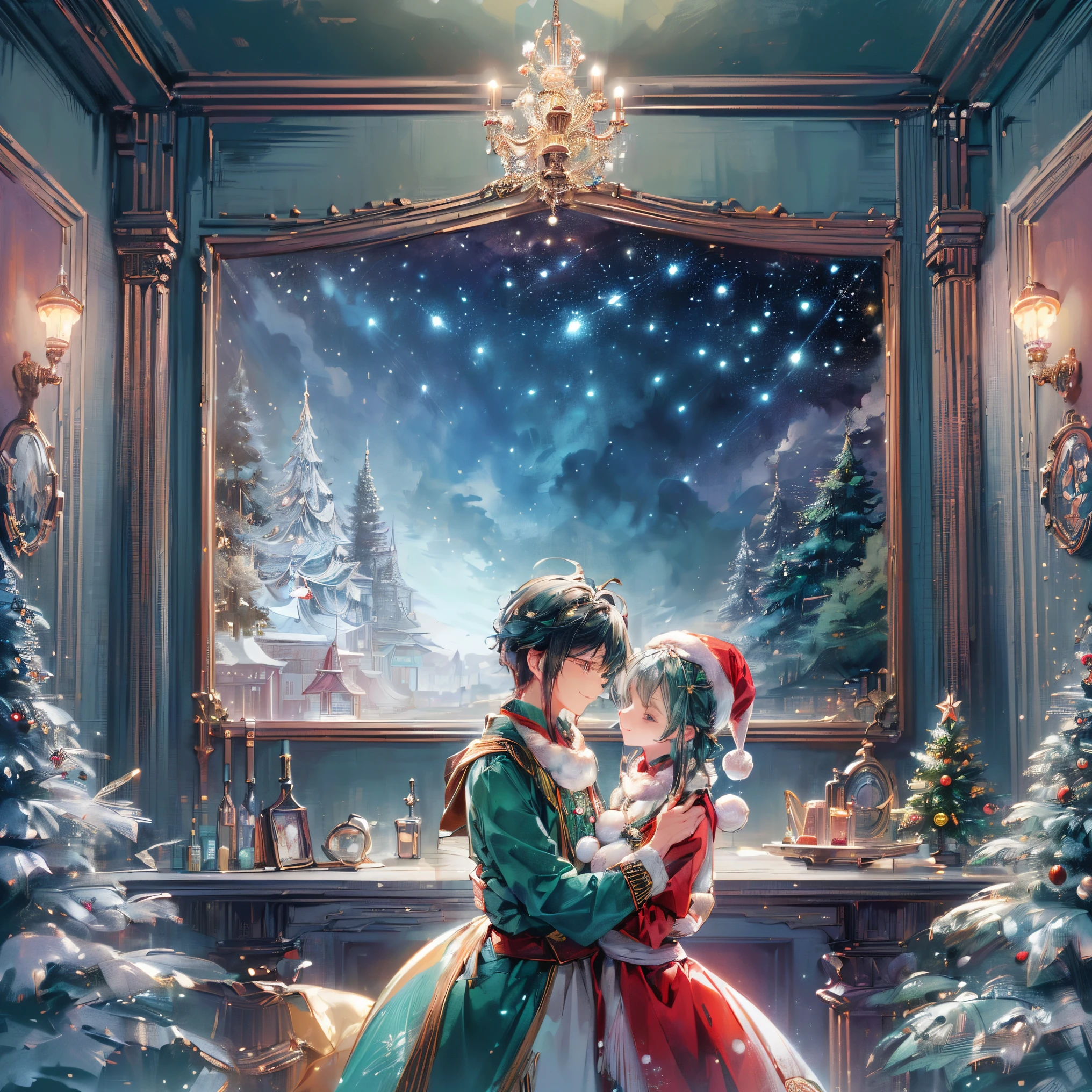 (Best quality, 8K, A high resolution, tmasterpiece:1.2), ultra - detailed, (actual, realistically:1.37), Vibrant colors, Magical atmosphere, Whimsical, ((sky full of stars，The North Star shines))，(((Use an illustration style), The room is decorated with a strong Christmas atmosphere. A string of shining colored lights hangs on the wall, Christmas wreath and little snowman on the windowsill, In the corner of the room stands a beautifully decorated Christmas tree. On a table, There are beautiful cutlery and red plates. In the center of the table, Have a sumptuous Christmas feast, Next to it is a bottle of red wine and two exquisite wine glasses. (((A male and female couple wearing Christmas costumes cuddling together))), Smiling and looking at each other，Eyes full of happiness and warmth. There are several scented candles lit in the room, It exudes a faint fragrance. Warm fire burning in the fireplace, Brings warmth and comfort to the entire room, Surreal, Psychedelic, Complicated details, Beautiful texture, Ethereal, like a dream, Soft glowing light, Charming Patterns, Fantasy creatures, Hidden surprises, dreamlike landscapes, Surreal color palette, Mystic aura, hyper realisitc, Enchanting journey, psychedelic trip, vivid imagination, immersive experience, Mysterious Christmas, otherworldly charm, glowing paths, Light up a magical Christmas, surreal sky, Whimsical themed festivals, a magical encounter, Fascinating artwork，(Ghibli-style colors, first person perspective, hyper HD, tmasterpiece, acurate, Anatomically correct, ctextured skin, super detailing, high detal, high qulity, Award-Awarded, Best quality at best, 8K)