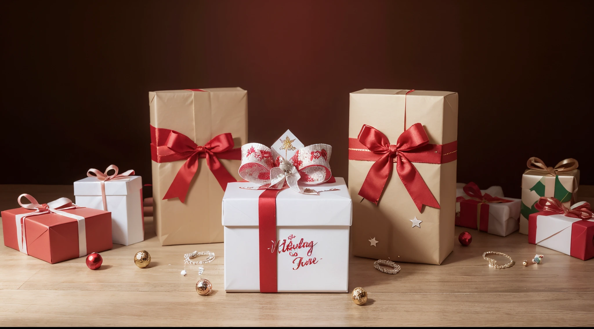 a white gift box with a bow and stars on a red background, Presentes, giving gifts to people, Apresenta, holiday season, Wrapped birthday gift, segurando presente, canvas print, Clima festivo, Fanart, com muita luz brilhante, Feliz!!!, muito feliz!, foto profissional, fotografia, Background Story, Noite de Natal