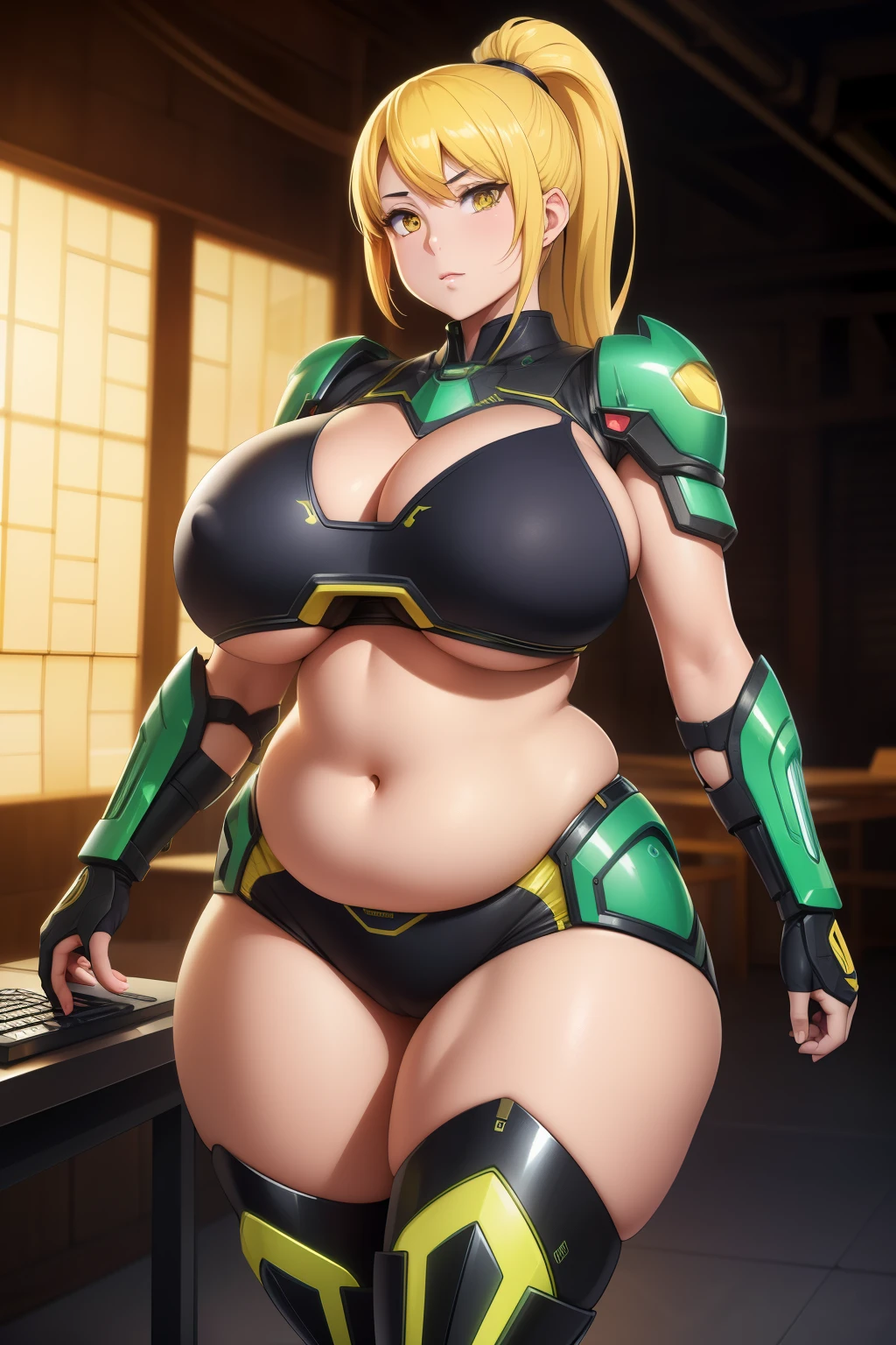 ((Masterpiece, Best Quality, detail face, detail eyes)), ((anime style))illustration, ultra-detailed 8K, realistic, clear focus, highly detailed, professional lighting, colorful details, rainbow colors BREAK factory super long shot, microchip, computer, luminescence, intricate details, shitu-mecha, ((1mature female)), 4 head body proportions in front of the audience, navel, toxic yellow hair, yellow eyes, toxic yellow and toxic green armour, ponytail, ((chubby)), ((massive boobs)), big belly, (massive ass)