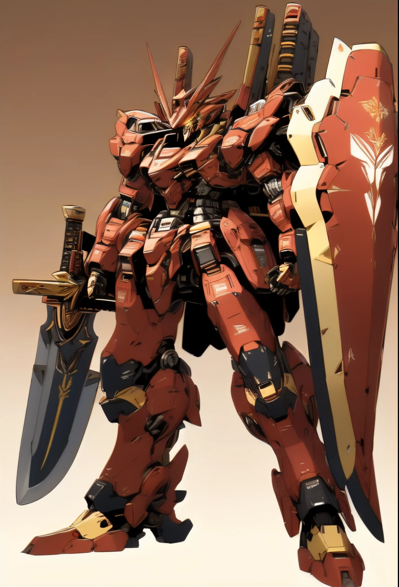 Mecha Robot, No Humans, Mecha Armor, Full Armor, (Red and Gold Color Scheme: 1.2), Glowing Eyes, (Full Body: 1.2), Clenched Hand, Mecha Musume, Mechanical Parts, Robotic Joints, (Huge Shield: 1.2 ), Best Quality, Masterpiece, Highly Detailed, Ultra Detailed, (Battle Ready: 1.2), (Powerful Stance: 1.3), (Detailed Eye Description: 1.2), (Huge Mechanical Weapon: 1.3), (Detailed Description of armor: 1.2), (detailed description of shield: 1.2), (detailed description of weapon: 1.2), (huge mechanical weapon: 1.2), (holding a powerful sword: 1.3)