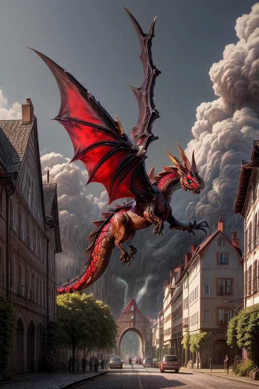 photography, best studio quality, detail, cinematic, masterpiece, scene from the movie "Fantastic Beasts", wizard with a magic wand, dynamic destruction of bridge and building, falling stones, lightning, red dragon flying in the sky, hyperrealism in Miyazaki style