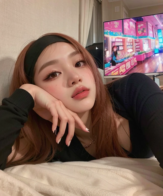 there is a woman lying on a bed with a bandana, jossi do blackpink, Retrato de Jossi de Blackpink, Parque Roseanne do Blackpink, Dom Yunjoo, menina coreana, ela tem cabelos longos e redorange, linda Delphine, com cabelos ruivos, TaeJune Kim, foto de perfil headshot, O corte Hime, Ulzzang, Heonhwa Choe