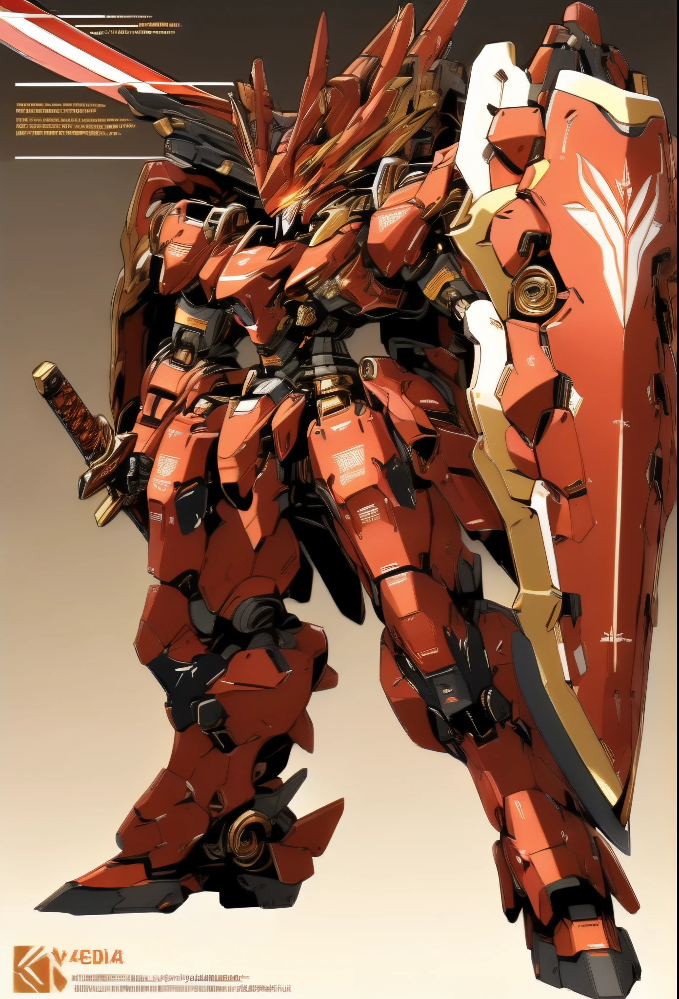 Mecha Robot, No Humans, Mecha Armor, Full Armor, (Red and Gold Color Scheme: 1.2), Glowing Eyes, (Full Body: 1.2), Clenched Hand, Mecha Musume, Mechanical Parts, Robotic Joints, (Huge Shield: 1.2 ), Best Quality, Masterpiece, Highly Detailed, Ultra Detailed, (Battle Ready: 1.2), (Powerful Stance: 1.3), (Detailed Eye Description: 1.2), (Huge Mechanical Weapon: 1.3), (Detailed Description of armor: 1.2), (detailed description of shield: 1.2), (detailed description of weapon: 1.2), (huge mechanical weapon: 1.2), (holding a powerful sword: 1.3)