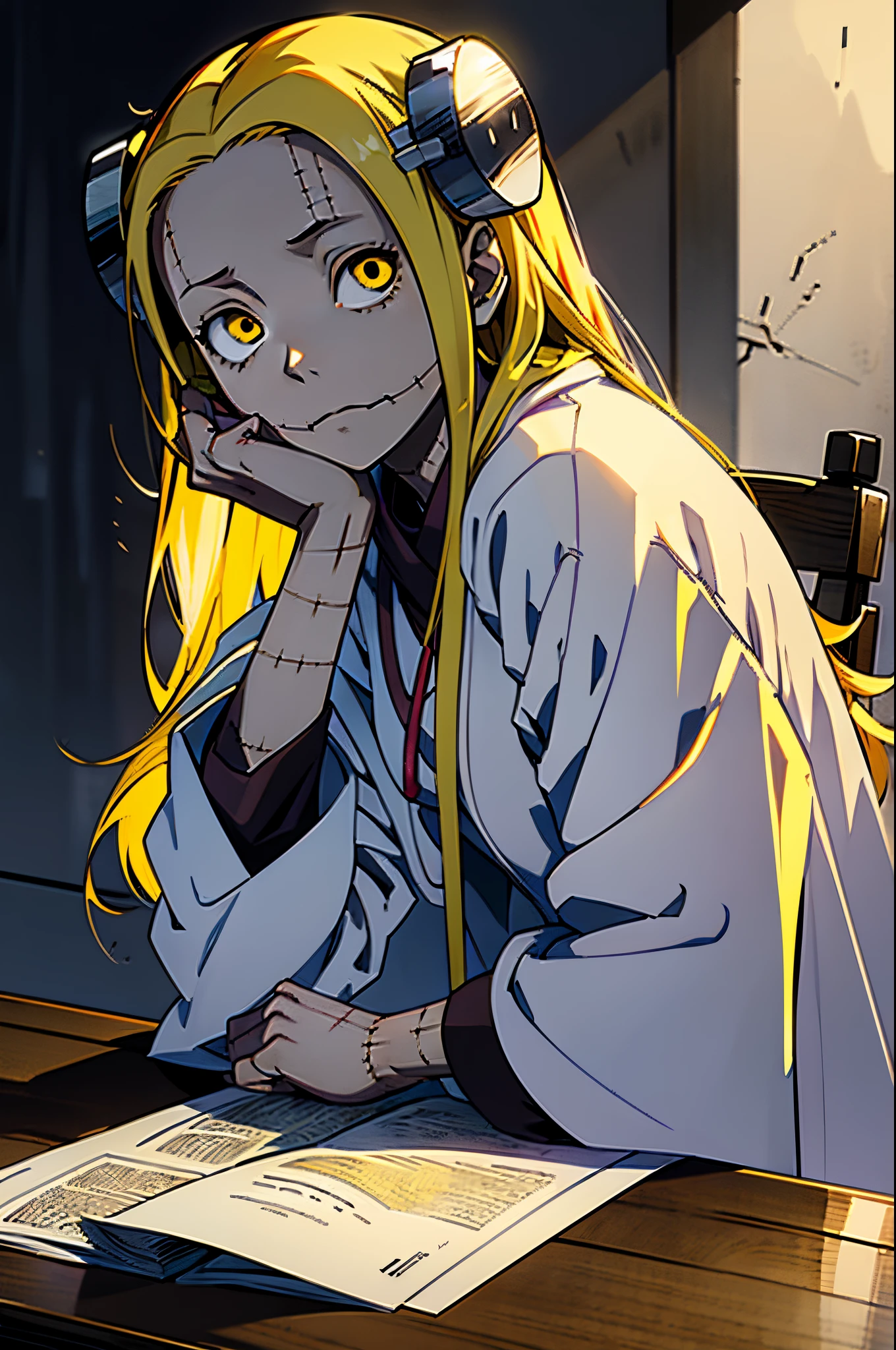 Madaraki_Fran,A  girl , working with papers on the table , surgeon&#39;gown , clear face , Clean hands , hairlong , yellow hair,seams , Scars on the body , A creepy look , scary eyes , An intimidating look , creepy smile , bags under eyes, ((((Tired))))