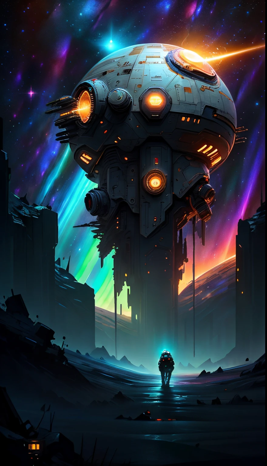 cosmos, alien giant mothership emits golden light crashing into the planet, super exquisite details,Aurora chase,Extreme light and shadow,Dark space background,Futuristic,Science fiction elements,Ultra photo realism,Barren planet,ultra-wide-angle,No man's deep space,star war,Laser cannon,Epic space wars,Cinematic lighting, poster style theme