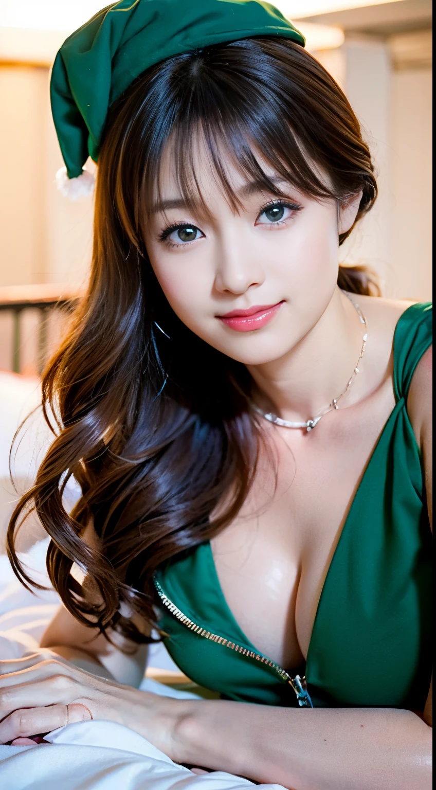 (((solo person))),(((A slender and beautiful gravure idol wearing a green Santa hat and stiletto heels..))),(((Close your eyes and lie down on the top floor bed of a hotel with a beautiful night view.))),(((Royals Astepiece:1.6))),(((ulzzang-6500))),(((perfect anatomia))),(((Deep depth of field with Hasselblad))),(((beautiful waistline))),masterpiece,top-quality,超A high resolution,High resolution facial close-up portrait,(photographrealistic:1.4),(((High nose and chiseled beautiful face))),(((Long limbs like a model))),Fair skin is dazzling,(((Green high neck front zip miniskirt velor dress makes a good impression))),tilt your head, Raise the corners of your mouth and smile happily.,((Photographed from the side with a wide-angle lens)),20yr old,cute little,Long glossy chestnut hair,((Plump G-cup bust and beautiful waistline),(Close your mouth and smile shyly),A detailed eye,(( Gravure photography)),((Sleeping comfortably)),Cute big eyes and long eyelashes,Distinct double eyelids,((shiny thick lips)),(((perfect anatomia))),
