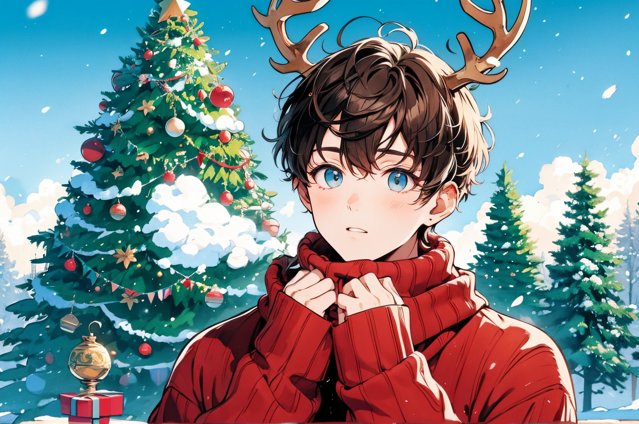 Red sweater、Hands clasped