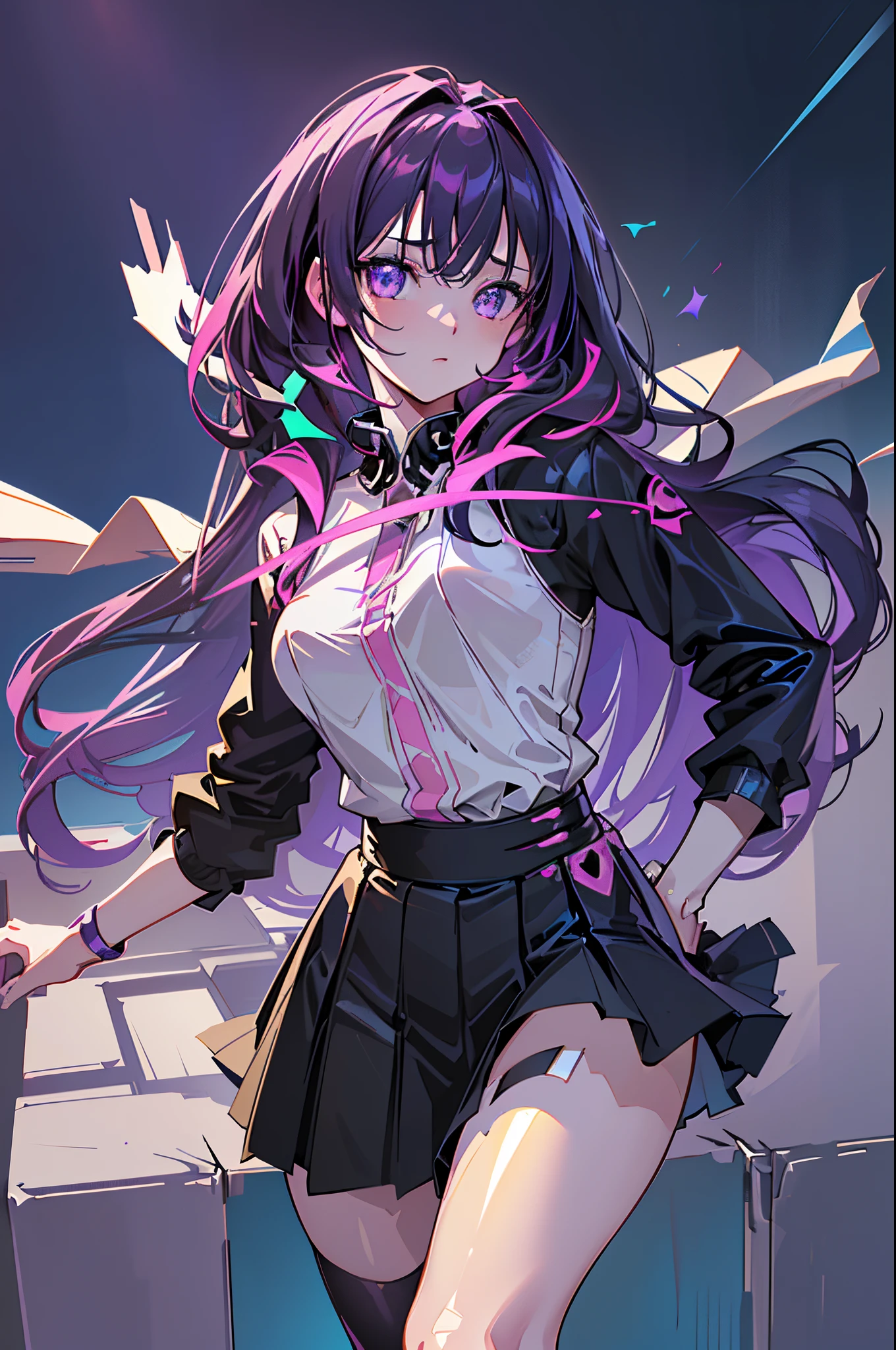 Anime, Girl, (((1girl))), Techwear, (((Deep Violet Hair, Long Hair))), ((Vibrant Light Purple Eyes eyes:1.3, Upturned Eyes: 1, Perfect Eyes, Beautiful Detailed Eyes, Gradient eyes: 1, Finely Detailed Beautiful Eyes: 1, Symmetrical Eyes: 1, Big Highlight On Eyes: 1.2, Hoshino Ai's Star Eyes)), (((Lustrous Skin: 1.5, Bright Skin: 1.5, Skin Fair, Shiny Skin, Very Shiny Skin, Shiny Body, Plastic Glitter Skin, Exaggerated Shiny Skin, Illuminated Skin))), (Detailed Body, (Detailed Face)), Young, Idol Pose, (Best Quality), Shirt, Loose Skirt, Stockings, Garterbelt, Modest Clothing, Skin Covered, Cute Disposition, High Resolution, Sharp Focus, Ultra Detailed, Extremely Detailed, Extremely High Quality Artwork, (Realistic, Photorealistic: 1.37), 8k_Wallpaper, (Extremely Detailed CG 8k), (Very Fine 8K CG), ((Hyper Super Ultra Detailed Perfect Piece)), (((Flawlessmasterpiece))), Illustration, Vibrant Colors, (Intricate), High Contrast, Selective Lighting, Double Exposure, HDR (High Dynamic Range), Post-processing, Background Blur