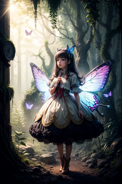 "Magical encounter, girl exploring, hongo gigante, ethereal butterflies, misty wonderland, detalles encantadores"