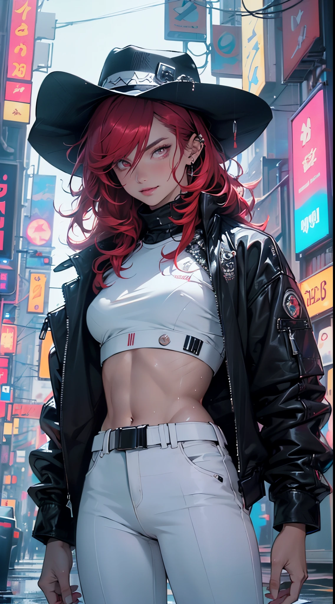 (man:1.5),1 man,cyberpunk gunslinger,(((1man))),((man with messy red hair)),
(((1male,man:1.5,handsome man,male,male gender:1.5,male focus))),macho man,((messy red hair,detailed hair,highly detailed hair,red hair,hair over one eye:1.2,colored inner hair)),(((dark_red_eyes:1.2))),intricate eyes,beautiful detailed eyes,symmetrical eyes,(((lustrous skin:1.5,tanned skin,bright skin: 1.5,skin tanned,shiny skin,very shiny skin,shiny body,illuminated skin))),((man chest)),handsome face,((muscular)),(detailed face),
nsfw,
(((bare chest))),dark pants,((bulge in pants)),((gunfighter outfit, (cyberpunk cowboy_hat:1.2))),(wearing a gunfighter outfit:1.3,gunslinger clothes),(cyberpunk gun holster,belt),((wet clothes,intricate outfit,intricate clothes)),
(dynamic pose:1.0),solo focus,((evil smile,evil look)),(centered,scale to fit dimensions,Rule of thirds),
cyberpunk city by the ocean at night, with bright neon signs and dark stormy clouds and puddles, scenery:1.25,nighttime, starry night, cosmos,Very dark night that makes the neon lights stand out, very bright neon lights,nighttime, starry night, cosmos,
artistic photography,(photography taken by sldr),highres, sharp focus,(ultra detailed, extremely detailed), (photorealistic artwork:1.37),(extremely detailed CG unity 8k wallpaper),((synthwave background theme)),(((vibrant colors))),intricate,(intricate background),(masterpiece),(best quality),photo realistic,analog style,((intricate detail)),(((realism))),
