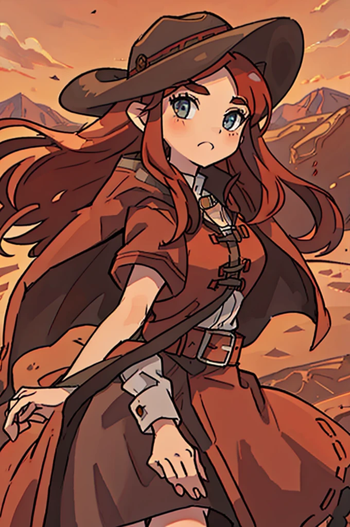 girl, red hair, long brown coat, cowboy hat, desert