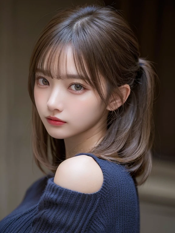 (​masterpiece:1.3), (8K, Photorealsitic, Raw photography, Top image quality: 1.4), 20 year old girl、(Random hairstyles:1.2)、Super Detail Face、Eye of Detail、二重まぶた、foco nítido:1.2、prety woman:1.4、light brown hair、poneyTail、Natural Color Lip、top-quality、​masterpiece、超A high resolution、(Photorealsitic:1.4)、very detailed and professional lighting、wear a dark blue sweater、slender、serious facial expression、Transparent skin、randome pose、Glowing hair、Gravure Model Pose、
