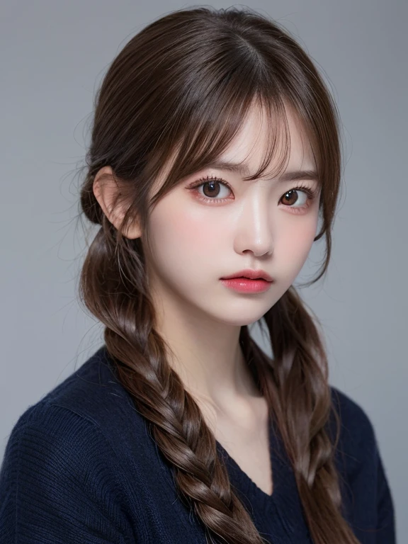 (​masterpiece:1.3), (8K, Photorealsitic, Raw photography, Top image quality: 1.4), 20 year old girl、(Random hairstyles:1.2)、Super Detail Face、Eye of Detail、二重まぶた、foco nítido:1.2、prety woman:1.4、light brown hair、poneyTail、Natural Color Lip、top-quality、​masterpiece、超A high resolution、(Photorealsitic:1.4)、very detailed and professional lighting、wear a dark blue sweater、slender、serious facial expression、Transparent skin、randome pose、Glowing hair、Gravure Model Pose、