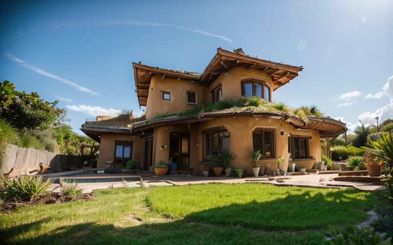 A close up photograph of a house with buttress wall, greenroof, mustard yellow terracota plaster walls (((rustic clay stucco))), ((corner walls rounded)), ((rustic clay plaster)), (((terracotta walls with rounded corners))), (((rustic earth plaster, mud))), ((natural houses)), (((green roof with wooden edge))), (((wooden roof structure, wooden rake, wooden fascia board))), eaves, ((roof with wooden structure)), In Bahia (((tropical garden))), ecovillage, sustainable architecture, bioconstruction architecture, solarpunk architecture, ((green architecture)), passive house, clear sky in the background, painful beauty, modern, imposing, green house, ((Bali hobbit Hadid Style)), super resolution, cinematic, color grading, editorial photography, photography, photo shoot, (((dramatic front eye close up view))), O 50mm, depth of field, intricate details, natural colors, sharp focus, warm light, shutter speed 1/1000, F/22, White Balance, Ray Trace Reflections, Lumen Reflections, Screen Space Reflections, Diffraction Rating, Chromatic Aberration, GB Shift, Partial Lighting, Backlighting, Daylighting, Scan Lines, ambient occlusion, antialiasing, shaders, OpenGL-Shaders, GLSL-Shaders, Post-processing, post-production, shading, tone mapping, incredibly detailed and complex, hypermaximalist, elegant, hyperrealistic, super detailed, dynamic pose, Fujifilm XT