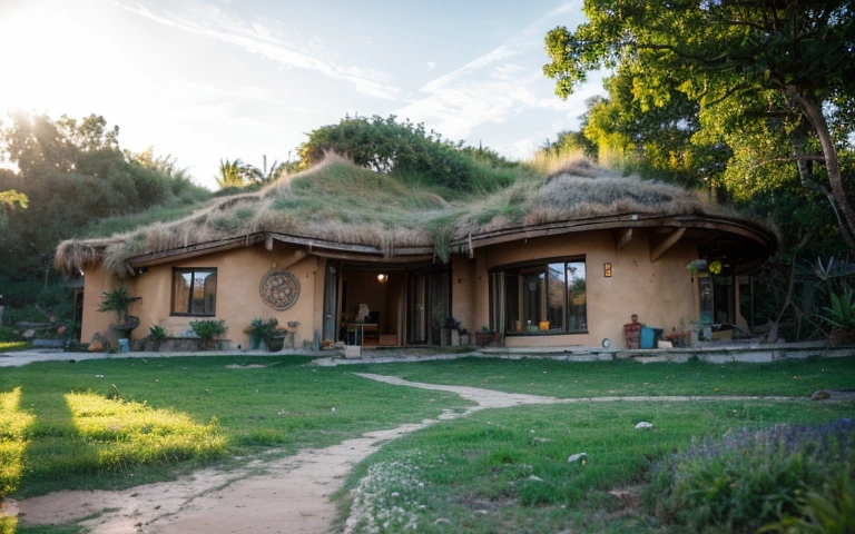 A close up photograph of a house with buttress wall, greenroof, mustard yellow terracota plaster walls (((rustic clay stucco))), ((corner walls rounded)), ((rustic clay plaster)), (((terracotta walls with rounded corners))), (((rustic earth plaster, mud))), ((natural houses)), (((green roof with wooden edge))), (((wooden roof structure, wooden rake, wooden fascia board))), eaves, ((roof with wooden structure)), In Bahia (((tropical garden))), ecovillage, sustainable architecture, bioconstruction architecture, solarpunk architecture, ((green architecture)), passive house, clear sky in the background, painful beauty, modern, imposing, green house, ((Bali hobbit Hadid Style)), super resolution, cinematic, color grading, editorial photography, photography, photo shoot, (((dramatic front eye close up view))), O 50mm, depth of field, intricate details, natural colors, sharp focus, warm light, shutter speed 1/1000, F/22, White Balance, Ray Trace Reflections, Lumen Reflections, Screen Space Reflections, Diffraction Rating, Chromatic Aberration, GB Shift, Partial Lighting, Backlighting, Daylighting, Scan Lines, ambient occlusion, antialiasing, shaders, OpenGL-Shaders, GLSL-Shaders, Post-processing, post-production, shading, tone mapping, incredibly detailed and complex, hypermaximalist, elegant, hyperrealistic, super detailed, dynamic pose, Fujifilm XT