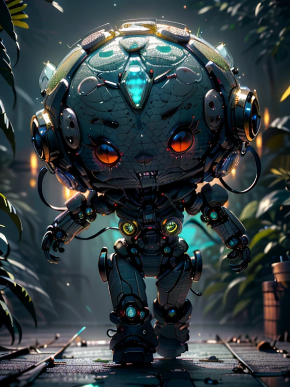 ((The cute scary robot illustration drawn)), largeeyes, Round eyes, eyes glowing, dark forest background, x-files, alien abduction, dark neon lights. bathed in light, The floor with sparkling jewels. The light of diamonds and the light of emeralds spread out beautifully like stars.