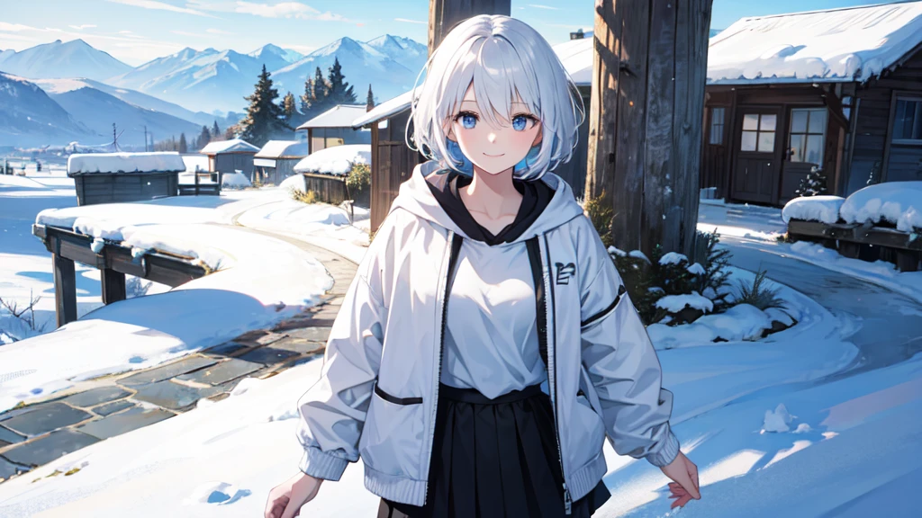Ultra-high image quality,Look at viewers, hands behind back, girl with, 20 years old, Very short hair, long bangs between eyes, pale blue eyes, Hoodie, Skirt , Extremely detailed,(masterpiece、top-quality),White hair、A smile、Fantastical, Silver hair, Black eyes, Hoodie, White hoodie,a black skirt,Hair is short,White jacket, Casual style,Open jacket, Cowboy Shot、Fluttering hair、a small face、Bright smile、(Detailed face) ,profetional lighting,fantastic landscape,Blue sky, Sunlight,look down from above,portraitures,snowscape