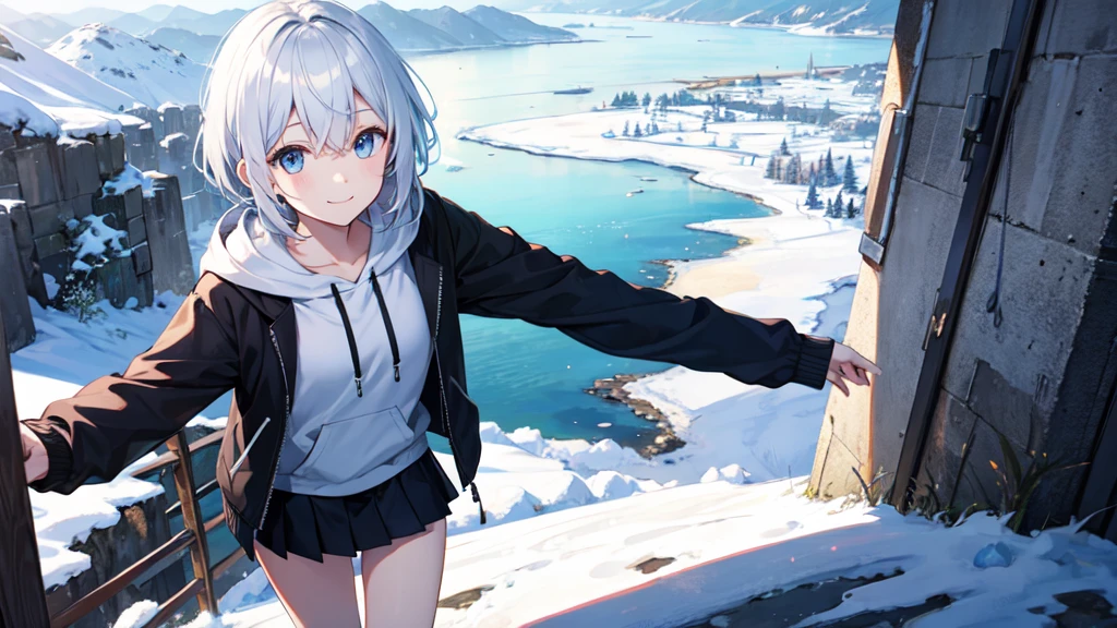 Ultra-high image quality,Look at viewers, hands behind back, girl with, 20 years old, Very short hair, long bangs between eyes, pale blue eyes, Hoodie, Skirt , Extremely detailed,(​masterpiece、top-quality),White hair、A smile、Fantastical, Silver hair, Black eyes,  Hoodie, White hoodie,a black skirt,Hair is short,White jacket, Casual style,Open jacket,  Cowboy Shot、Fluttering hair、a small face、Bright smile、(Detailed face) ,profetional lighting,fantastic landscape,Blue sky, Sunlight,look down from above,portraitures,snowscape