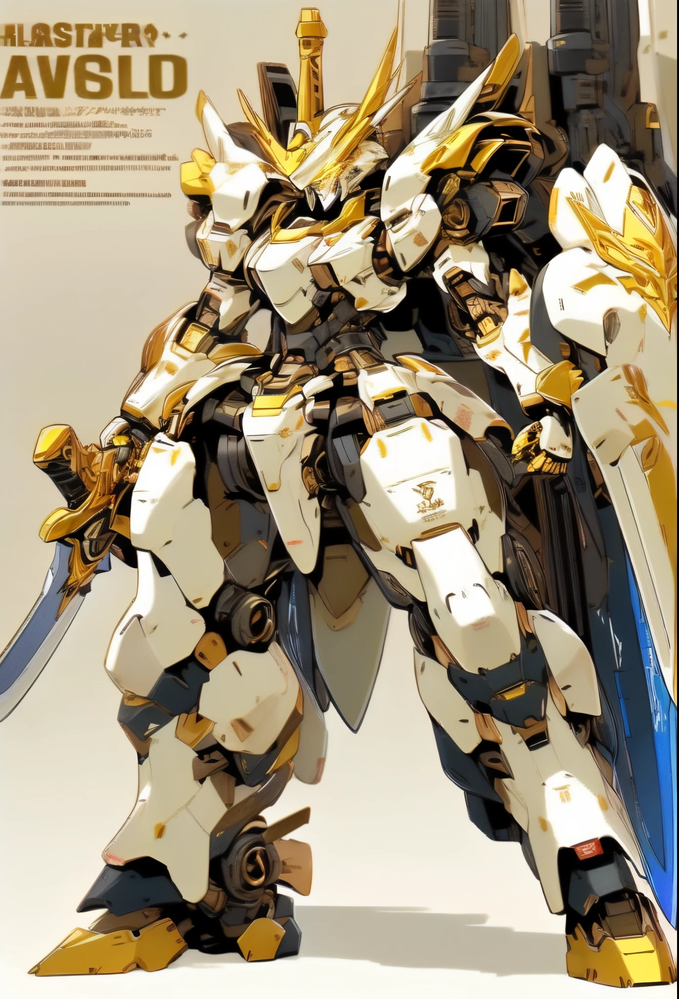 Mecha Female Robot, No Humans, Mecha Armor, Full Armor, (White and Gold Color Scheme: 1.2), Glowing Eyes, (Full Body: 1.2), Clenched Hand, Mecha Musume, Mechanical Parts, Robotic Joints, Best Quality, Workmanship Master, Highly Detailed, Ultra Detailed, (Battle Ready: 1.2), (Powerful Stance: 1.3), (Eye Detailed Description: 1.2), (Armor Detailed Description: 1.2), (Shield Detailed Description: 1.2 ), (detailed weapon description: 1.2), (huge mechanical weapon: 1.2), (holding a powerful sword: 1.3)
