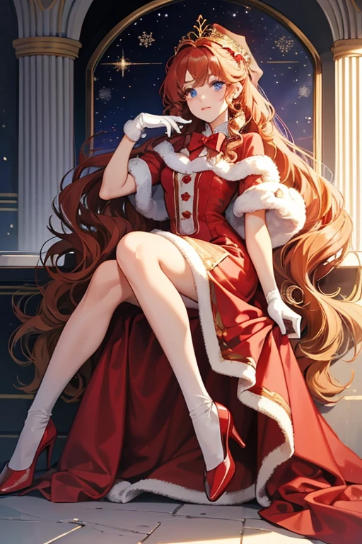 The Christmas Muse has golden, curly hair, her eyes are blue and her skin is fair. She wears a red dress with a soft white detail at the hem. Furthermore, she wears white gloves. Her shoes are black and she wears long white socks. On her head she has a big bright red bow.