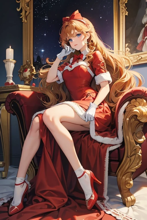 The Christmas Muse has golden, curly hair, her eyes are blue and her skin is fair. She wears a red dress with a soft white detail at the hem. Furthermore, she wears white gloves. Her shoes are black and she wears long white socks. On her head she has a big bright red bow.