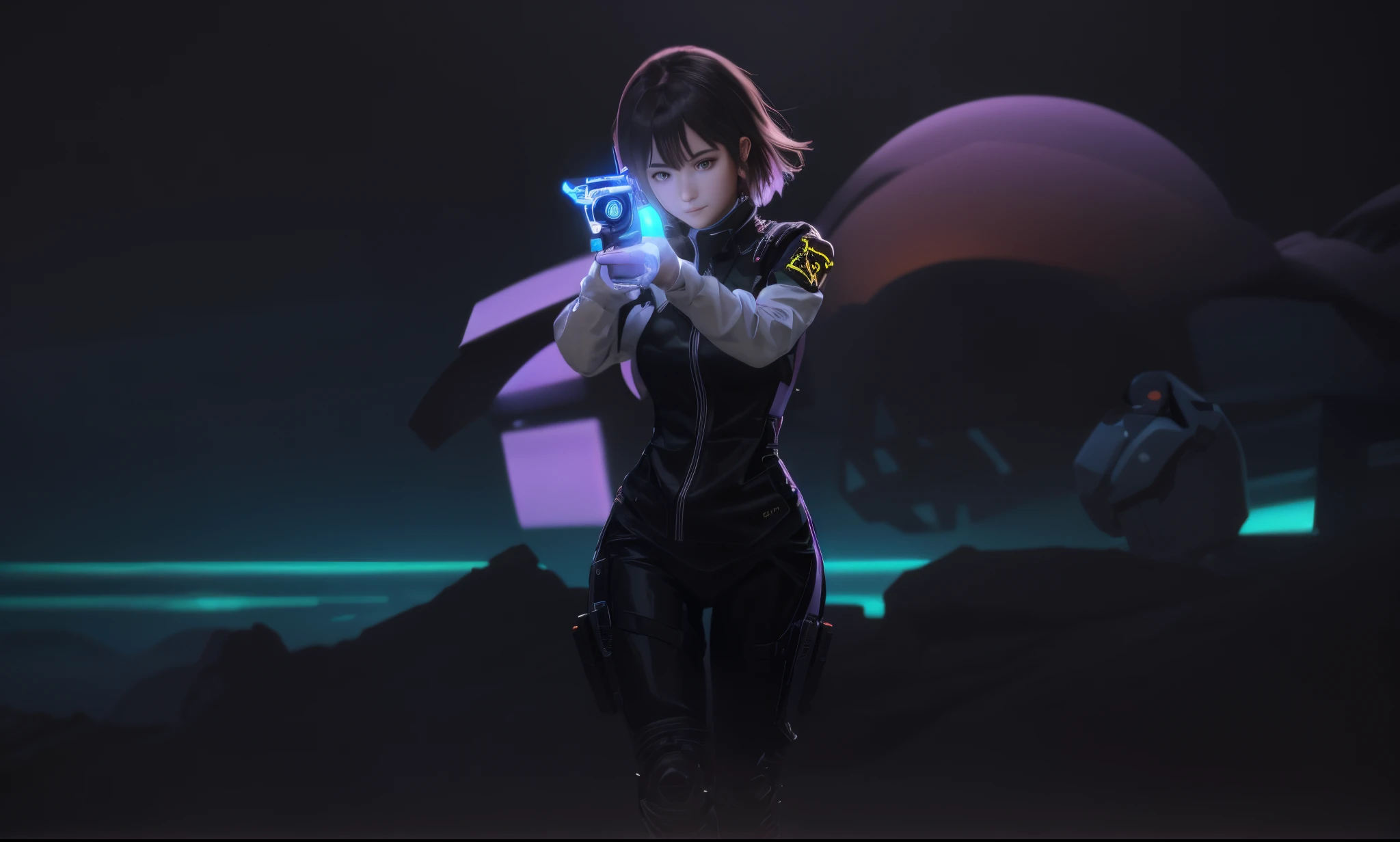 a man and a woman against the background of the city of the future, a dark-haired wizard man is standing facing us behind a woman with a fireball hanging over his hand, beautiful a real blonde woman holding and aim a future gun to viewer, shoulder length messy hair, white pvc catsuit, happy, Full body, Beautiful anime waifu style girl, hyperdetailed painting, luminism, art by Carne Griffiths and Wadim Kashin concept art, 4k resolution, fractal isometrics details bioluminescence , 3d render, octane render, intricately detailed , cinematic, trending on artstation Isometric Centered hyperrealistic cover photo awesome full color, hand drawn , gritty, realistic mucha , intricate, hit definition , cinematic,Rough sketch, bold lines, on paper,