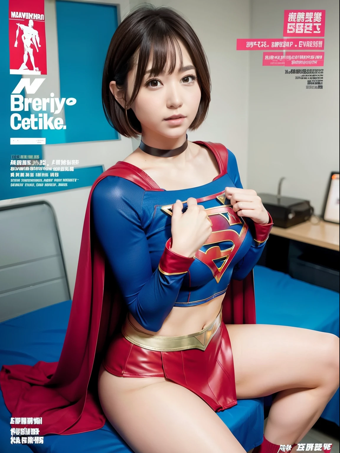 ​masterpiece,Supergirl Costume, short-hair, bare-legged, large full breasts,surgery room、Operating table、straddle、depraved、shiny、Looking at the camera、Provocation、estrus、Cowgirl、Trance、Fayue、enjoyment、The sheen、Red shortcloak、a choker、Weekly magazine cover、bewitching poses、Too short miniskirt