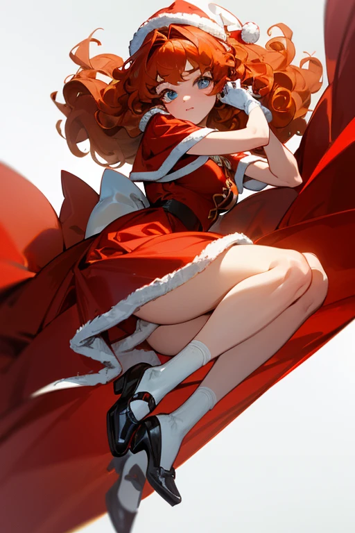 The Christmas Muse has golden, curly hair, her eyes are blue and her skin is fair. She wears a red dress with a soft white detail at the hem. Furthermore, she wears white gloves. Her shoes are black and she wears long white socks. On her head she has a big bright red bow.