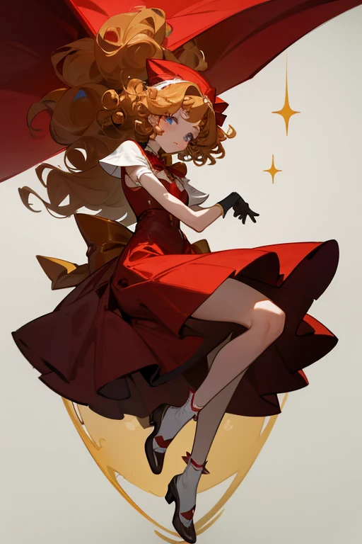 The Christmas Muse has golden, curly hair, her eyes are blue and her skin is fair. She wears a red dress with a soft white detail at the hem. Furthermore, she wears white gloves. Her shoes are black and she wears long white socks. On her head she has a big bright red bow.