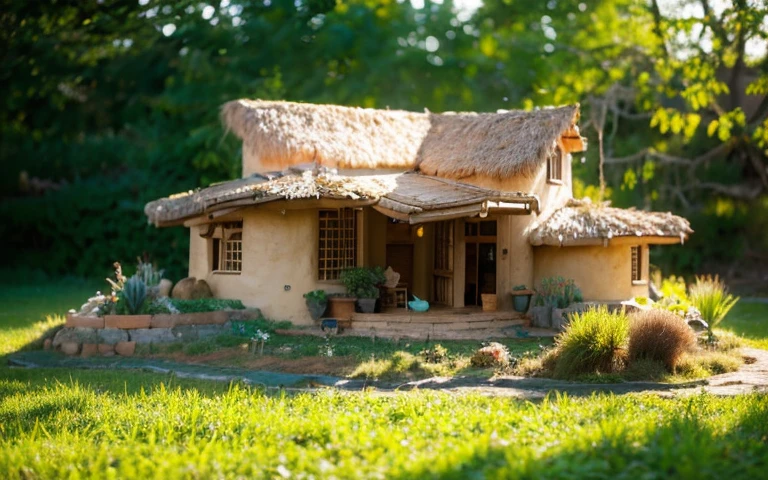 A close up photograph of a house with buttress wall, greenroof, mustard yellow terracota plaster walls (((rustic clay stucco))), ((corner walls rounded)), ((rustic clay plaster)), (((terracotta walls with rounded corners))), (((rustic earth plaster, mud))), ((natural houses)), (((green roof with wooden edge))), (((wooden roof structure, wooden rake, wooden fascia board))), eaves, ((roof with wooden structure)), In Bahia (((tropical garden))), ecovillage, sustainable architecture, bioconstruction architecture, solarpunk architecture, ((green architecture)), passive house, clear sky in the background, painful beauty, modern, imposing, green house, ((Bali hobbit Hadid Style)), super resolution, cinematic, color grading, editorial photography, photography, photo shoot, (((dramatic front eye close up view))), O 50mm, depth of field, intricate details, natural colors, sharp focus, warm light, shutter speed 1/1000, F/22, White Balance, Ray Trace Reflections, Lumen Reflections, Screen Space Reflections, Diffraction Rating, Chromatic Aberration, GB Shift, Partial Lighting, Backlighting, Daylighting, Scan Lines, ambient occlusion, antialiasing, shaders, OpenGL-Shaders, GLSL-Shaders, Post-processing, post-production, shading, tone mapping, incredibly detailed and complex, hypermaximalist, elegant, hyperrealistic, super detailed, dynamic pose, Fujifilm XT