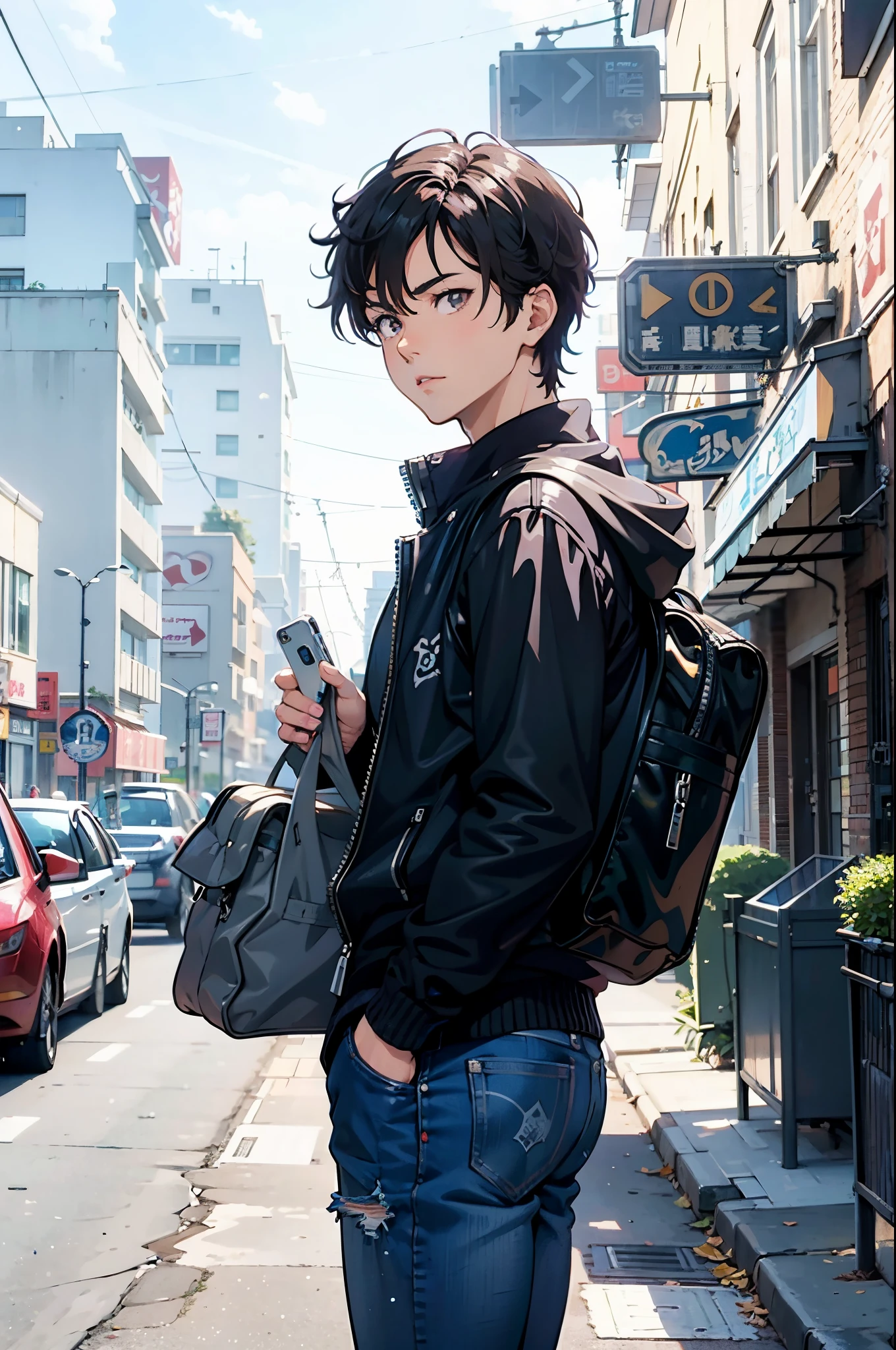there is a man standing on the sidewalk with a cell phone, anime realism style, young anime man, realistic anime artstyle, male anime style, modern anime style, realistic anime art style, anime portrait of a handsome man, artwork in the style of guweiz, handsome anime pose, anime handsome man, anime style 4 k, anime style portrait