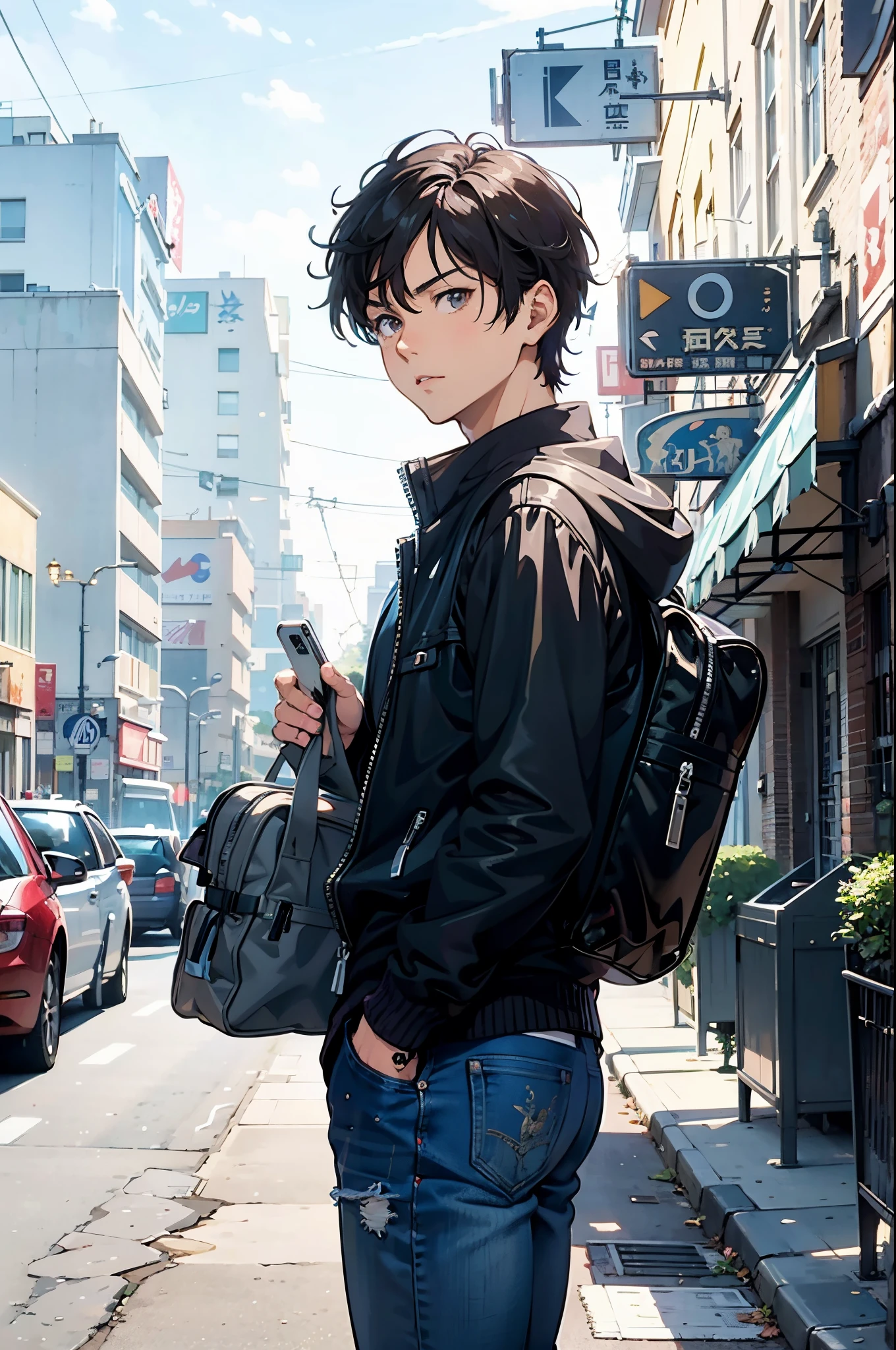 there is a man standing on the sidewalk with a cell phone, anime realism style, young anime man, realistic anime artstyle, male anime style, modern anime style, realistic anime art style, anime portrait of a handsome man, artwork in the style of guweiz, handsome anime pose, anime handsome man, anime style 4 k, anime style portrait