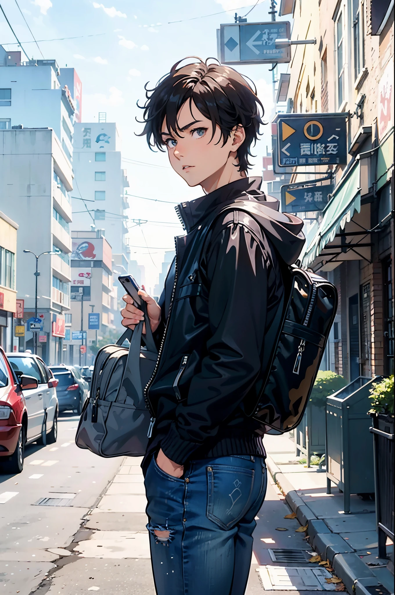 there is a man standing on the sidewalk with a cell phone, anime realism style, young anime man, realistic anime artstyle, male anime style, modern anime style, realistic anime art style, anime portrait of a handsome man, artwork in the style of guweiz, handsome anime pose, anime handsome man, anime style 4 k, anime style portrait