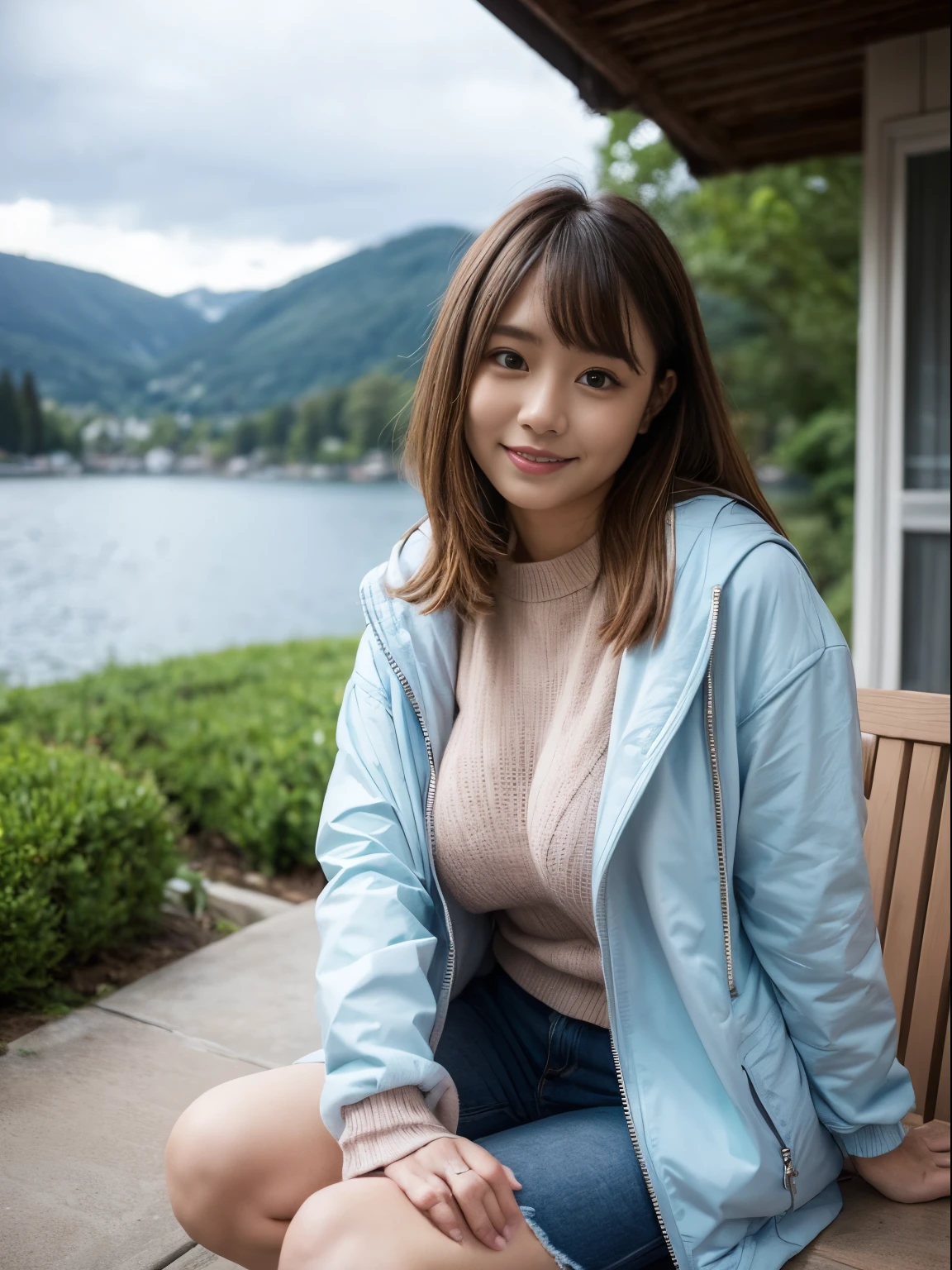 Making a busty woman, Light blue long winter jacket , with open zipper, With face, Body, Lakeside House, Travel Bag, dog nude