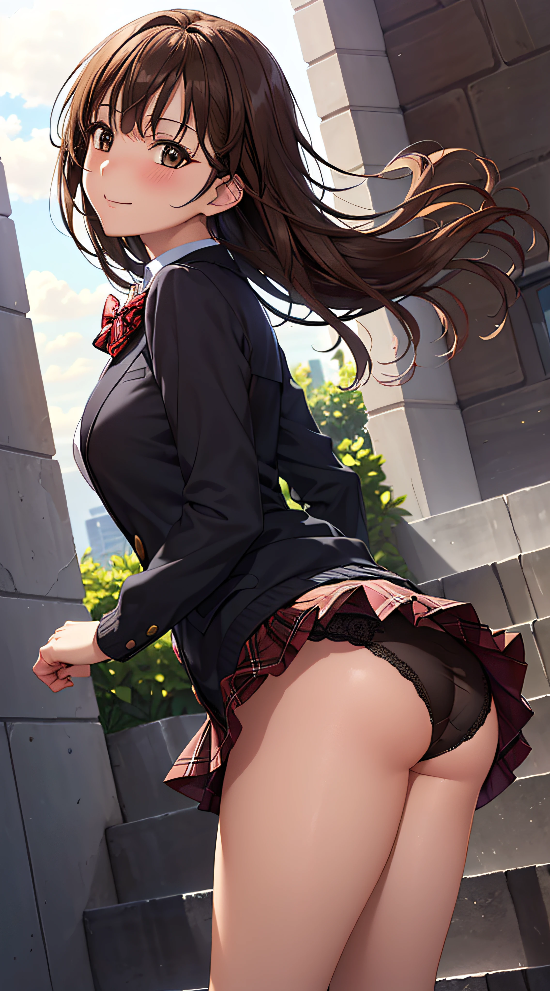 ((masutepiece, Best Quality, hight resolution, nffsw, Perfect Pixel, 4K, nffsw, nffsw))), 1girl in, Single, Solo, Beautie、full body seen、 ((Middle Wave Hair, Bangs, Brown hair)), ((Brown-eyed, Beautiful eyelashes, Realistic eyes)), ((Detailed face, Blushing:1.2)), ((Smooth texture:0.75, Realistic texture:0.65, Photorealistic:1.1, Anime CG style)), medium breasts, Dynamic Angle, Perfect body, ((red bowtie, School uniform, Black jacket, Open jacket, Brown cardigan, White shirt, Black skirt, plaid skirts)), City staircase、Looking up from the bottom of the stairs、Very embarrassing panic smile, turned around、bending forward、(The wind flipped my skirt and exposed my butt...........................、Touching the buttocks with both hands、Random color floral lace panties)、