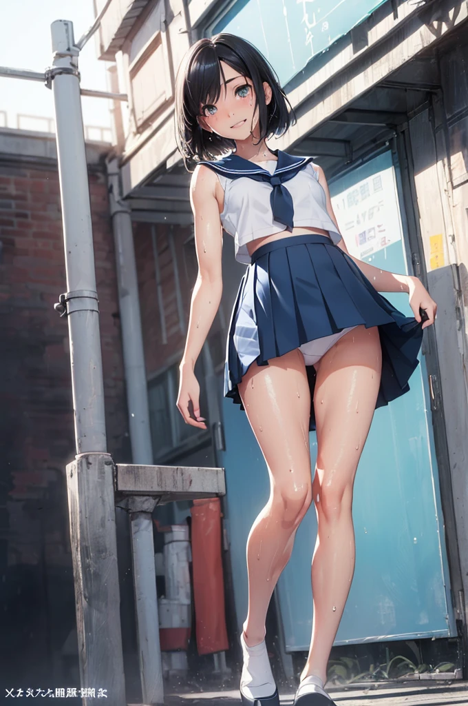 (Photorealistic:1.5), (​masterpiece、Highly detailed 8K CG、Sharp lines)、hi-school girl、A dark-haired、(White panties:1.2)、thighs thighs thighs thighs、Beautiful anime schoolgirl、Smooth Anime CG Art、Beautiful anime schoolgirl、Beautiful anime girl, 19-year-old beautiful girl、Detailed skin, detailed faces and eyes、Realistic eyes,(gleaming skin:1.6)、short-hair、Beautiful black hair、Red Eye、(many streaming sweat:1.8), (smile:1.4), (flat chest:1.6),(Muscular legs:1.5), (looking down at viewer:1.7), (gaunt:1.6), (student clothes, a sailor suit, Dark blue pleated skirt:1.4), (sleeveless:1.1),(full body:1.5), wet, solo, one girl, (standing:1.5), (from below:1.3)