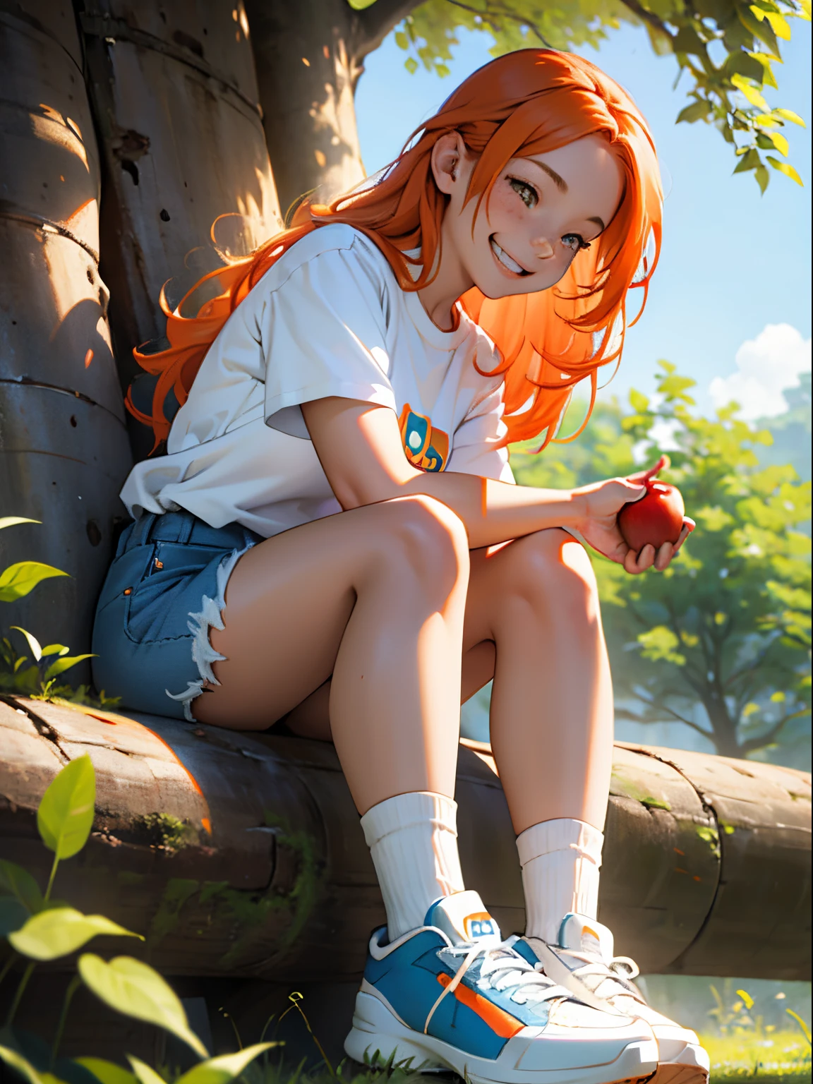 Girl with long Orange hair, freckles, smiling me, eating an Apple, laughing, sitting on a tall tree, happy emoji white t-shirt, denim shorts, white knee high Socks, blue skechers, cool pose
