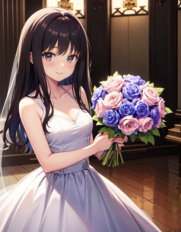 masutepiece, Best Quality, {Best Quality}, {{masutepiece}}, {hight resolution}, Illustration, 1girl in, Inoue Takina, Long hair, Bangs, Black hair, (Purple eyes:1.2), blush, A smile,,Looking at Viewer,weddingdress,veils,holding the bouquet with both hands,chies,chapel