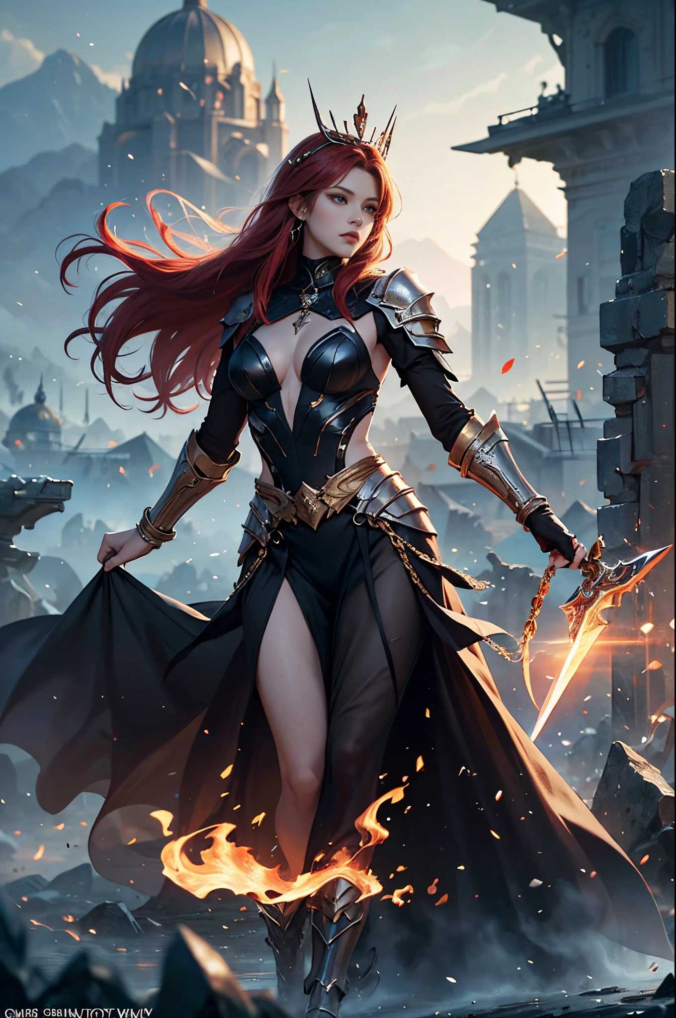 Alafed woman in black and red costume holding a sword, a character portrait by Yang J, cg society contest winner, Fantasy Art, epic exquisite character art, Stunning character art, redhead queen in heavy red armor, 2. 5 d cgi anime fantasy artwork, epic fantasy art style, ig model | ArtGerm, epic fantasy digital art style, battlefield commander, Invincible female general, Brave, Awe-inspiring Hall々, extremely detailed and beautiful eyes, Supermodel body type, Battle Master, Veteran Warriors, Best Quality, Perfect Angle, perfect-composition, Best Shots, Official art