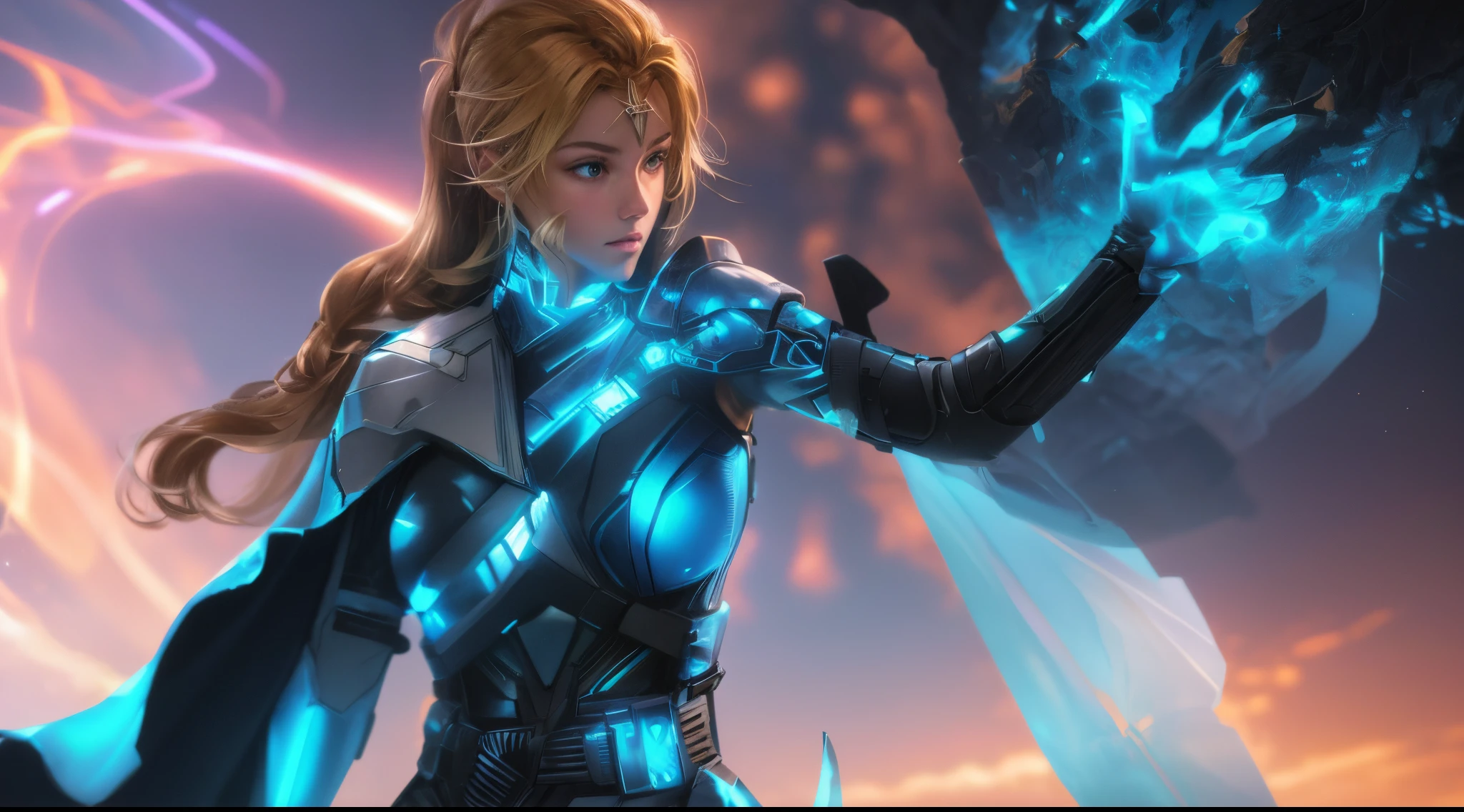 A man and a woman against the background of the city of the future, a dark-haired male wizard stands facing us behind a woman with a fireball, hanging over his arm, beautiful real blonde holds and points a future gun at the viewer, disheveled shoulder-length hair, white PVC jumpsuit, Happy, full - body, Beautiful anime waifu style girl, hyper detailed painting, luminism, Concept art by Carne Griffiths and Vadim Kashin, 4k resolution, fractal isometrics details bioluminescence , 3D Rendering, Octane Render, intricately-detailed , Cinematic, trending on artsstatina Isometric centered hyperrealistic cover stunning full color, hand-drawn , gritty, Realistic fly , Intricate, hit definition , Cinematic,Rough sketch, bold lines, UPON ,