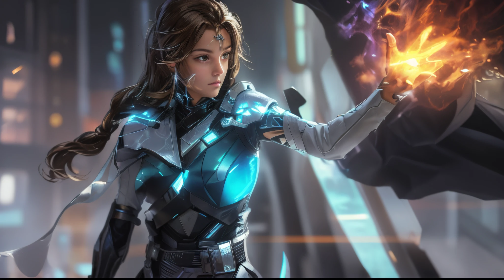 A man and a woman against the background of the city of the future, a dark-haired male wizard stands facing us behind a woman with a fireball, hanging over his arm, beautiful real blonde holds and points a future gun at the viewer, disheveled shoulder-length hair, white PVC jumpsuit, Happy, full - body, Beautiful anime waifu style girl, hyper detailed painting, luminism, Concept art by Carne Griffiths and Vadim Kashin, 4k resolution, fractal isometrics details bioluminescence , 3D Rendering, Octane Render, intricately-detailed , Cinematic, trending on artsstatina Isometric centered hyperrealistic cover stunning full color, hand-drawn , gritty, Realistic fly , Intricate, hit definition , Cinematic,Rough sketch, bold lines, UPON ,