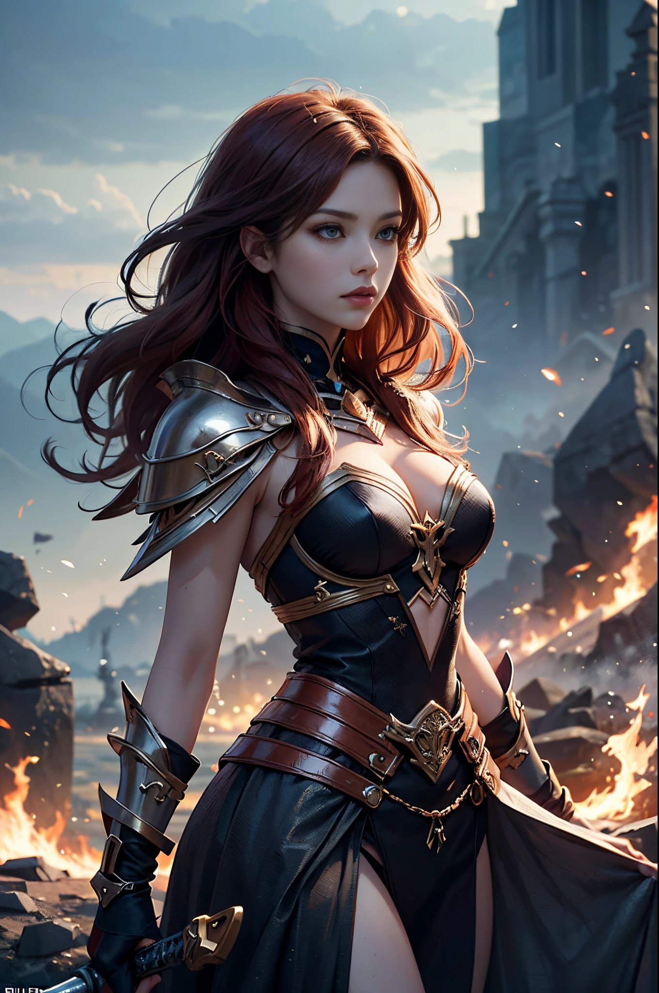 Alafed woman in black and red costume holding a sword, a character portrait by Yang J, cg society contest winner, Fantasy Art, epic exquisite character art, Stunning character art, redhead queen in heavy red armor, 2. 5 d cgi anime fantasy artwork, epic fantasy art style, ig model | ArtGerm, epic fantasy digital art style, battlefield commander, Invincible female general, Brave, Awe-inspiring Hall々, extremely detailed and beautiful eyes, Supermodel body type, Battle Master, Veteran Warriors, Best Quality, Perfect Angle, perfect-composition, Best Shots, Official art